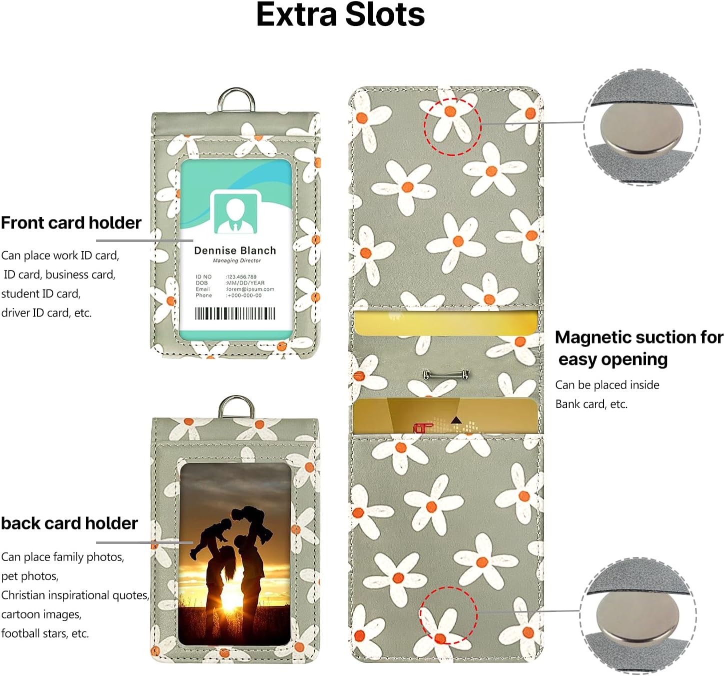 bolimoss Cute Flowers Lanyard for ID Badge Card, Breawaway Neck Lanyards with Retractable Badge Reels Quick-Release Buckles & Adjustable Straps with Leather Double Sided Windows Card Badge Holders - Image 5