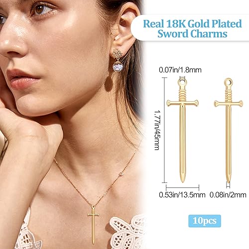 Miniatura 2 de Beebeecraft 1 caja, 10 dijes de espada para hacer joyas, chapado en oro de 18 quilates, acero inoxidable, espadas largas, cuchillo, colgantes para