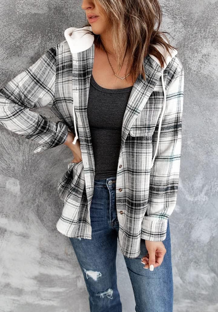 INFITTY Women's Buffalo Plaid Hoodie Long Sleeve Jacket Button Drawstring Casual Fall Shirts with Pocket - Image 2