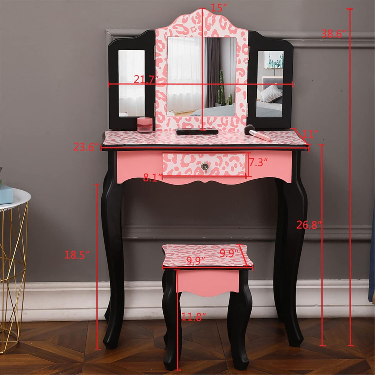 Single Drawer Children's Dressing Table Set Storage Placement Storage Organization Leopard Print tri-fold Mirror red