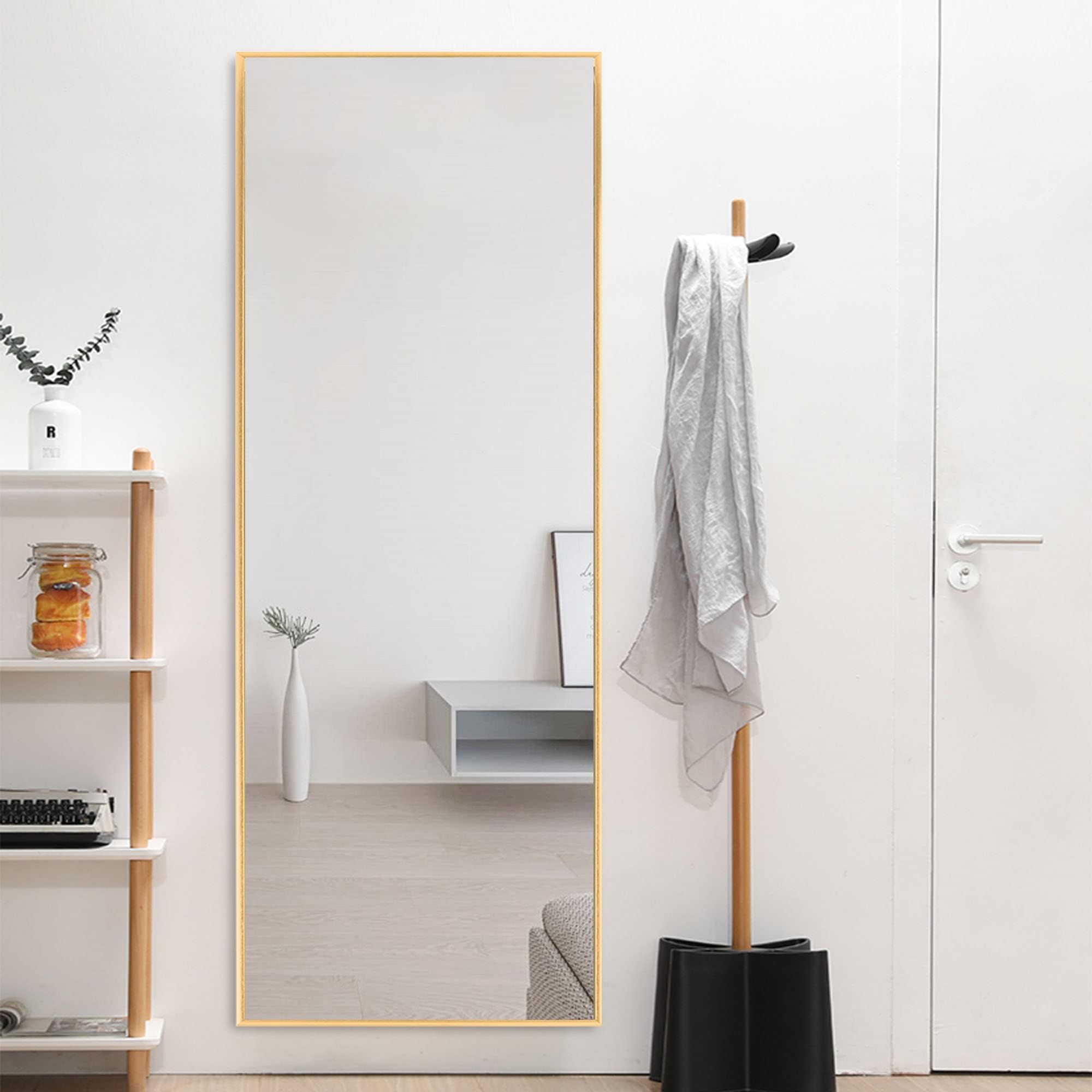 Full Length Floor Mirror with Stand 43"x16" Large Wall Mounted Full Body Mirror Horizontal/Vertical Bedroom Mirror Dressing Mirror Aluminum Alloy Frame Gold