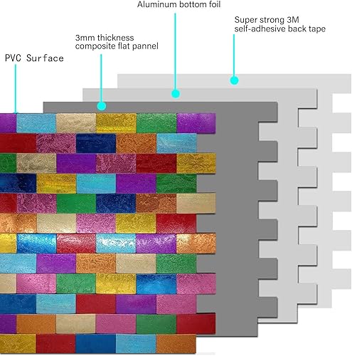 Miniatura 4 de XUANINY Azulejos de 11 hojas para salpicaduras de despegar y pegar, superficie de aluminio de metro, adhesivo de pared de color arcoíris para sala