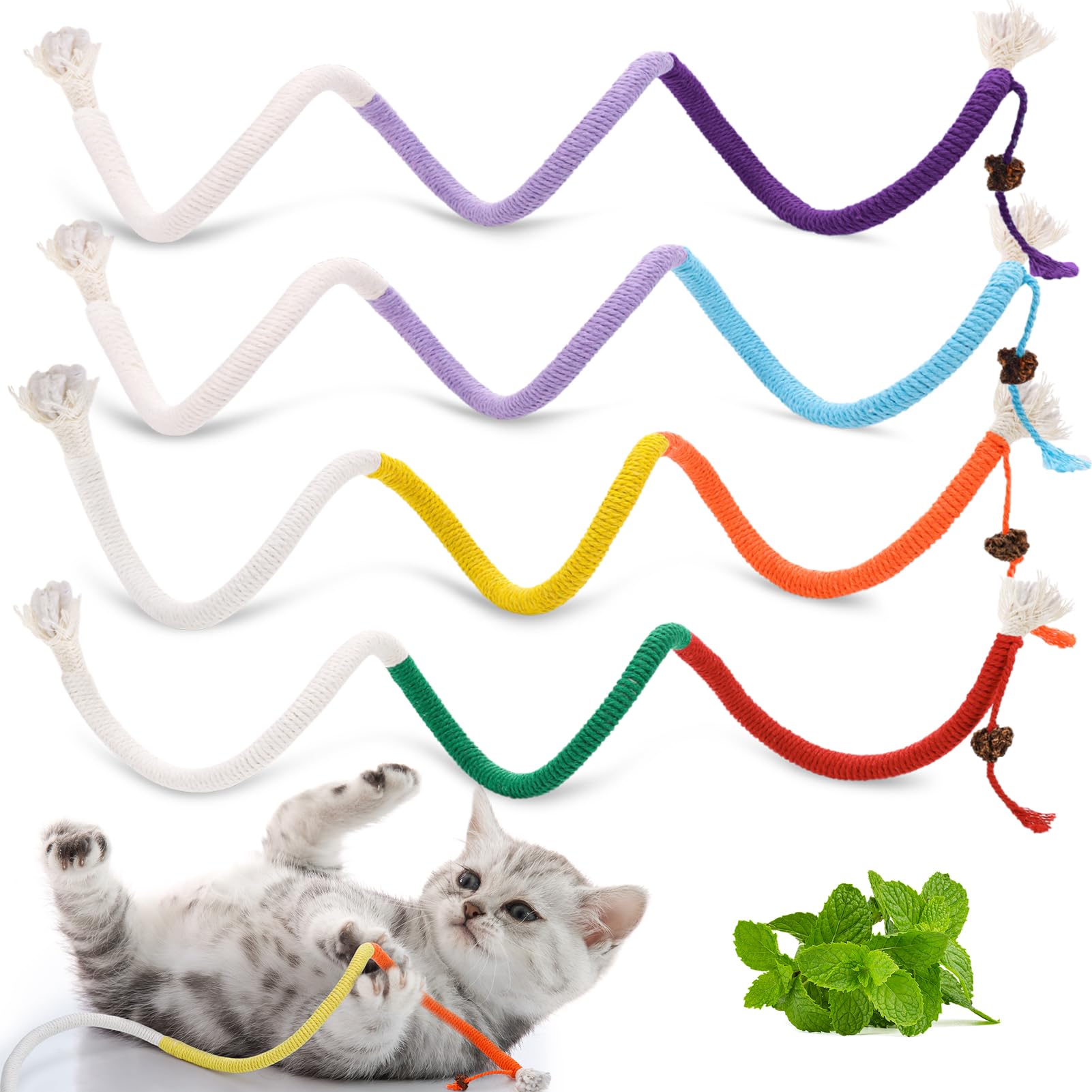 GSrenyu 4 PCS Catnip Cat Toys Chew Ropes, Cotton Chew Rope with Gall Fruit (27 Inches Each) Sticks Toy for Indoor Cats Teeth Cleaning