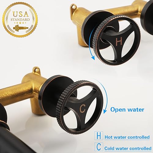 Miniatura 7 de SKOWLL Grifo de baño de 2 manijas para montaje en pared, grifos de bañera generalizados de bronce aceitado, grifo de lavabo moderno de 3 agujeros