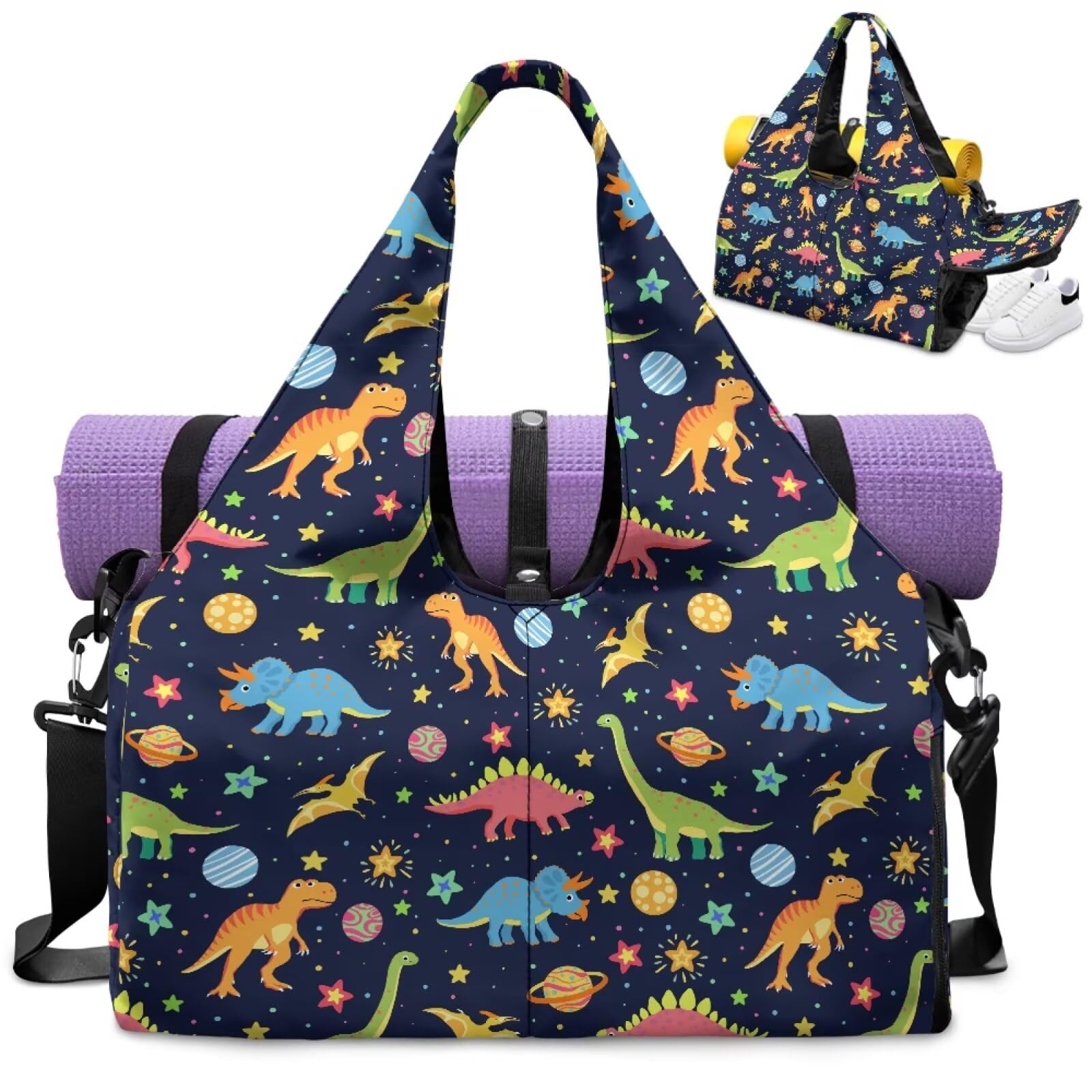 Dngkaoje Cartoon Dinosaur Gym Tote Bag for Women Printed Gym Bags with Shoe Compartments Sports Duffle Bag Yoga Accessories for Women Blue Dinosaur Sports Duffel Bags for Girls — image 1