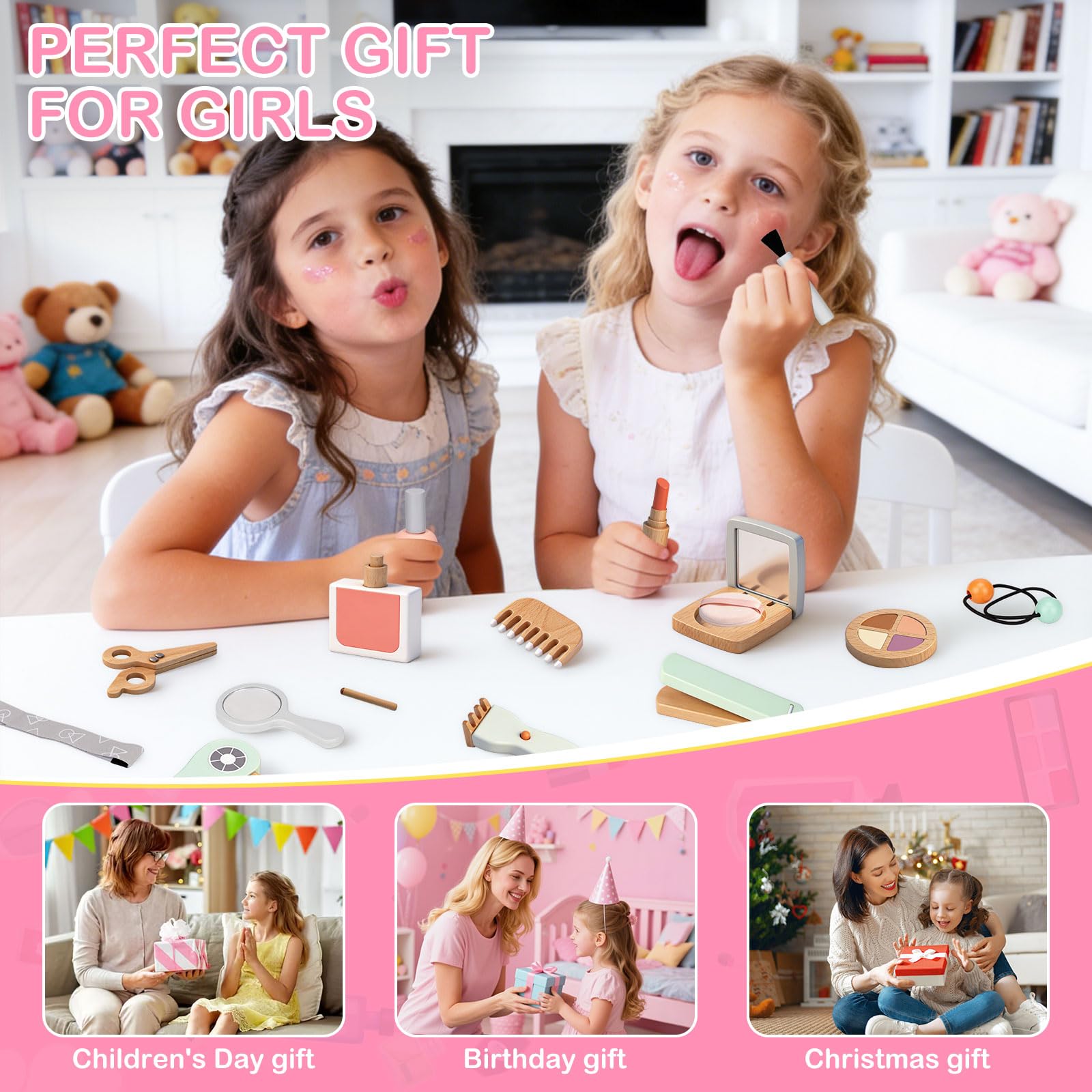 Set Maquillaje de Madera Niña,Juguetes de Belleza de Madera,Juguete de Maderas Juego de rol,Kit de Maquillaje Feating con Bolsa Comestic Accesorios Regalo Cumpleaños para Niños 3 4 5 6 Años
