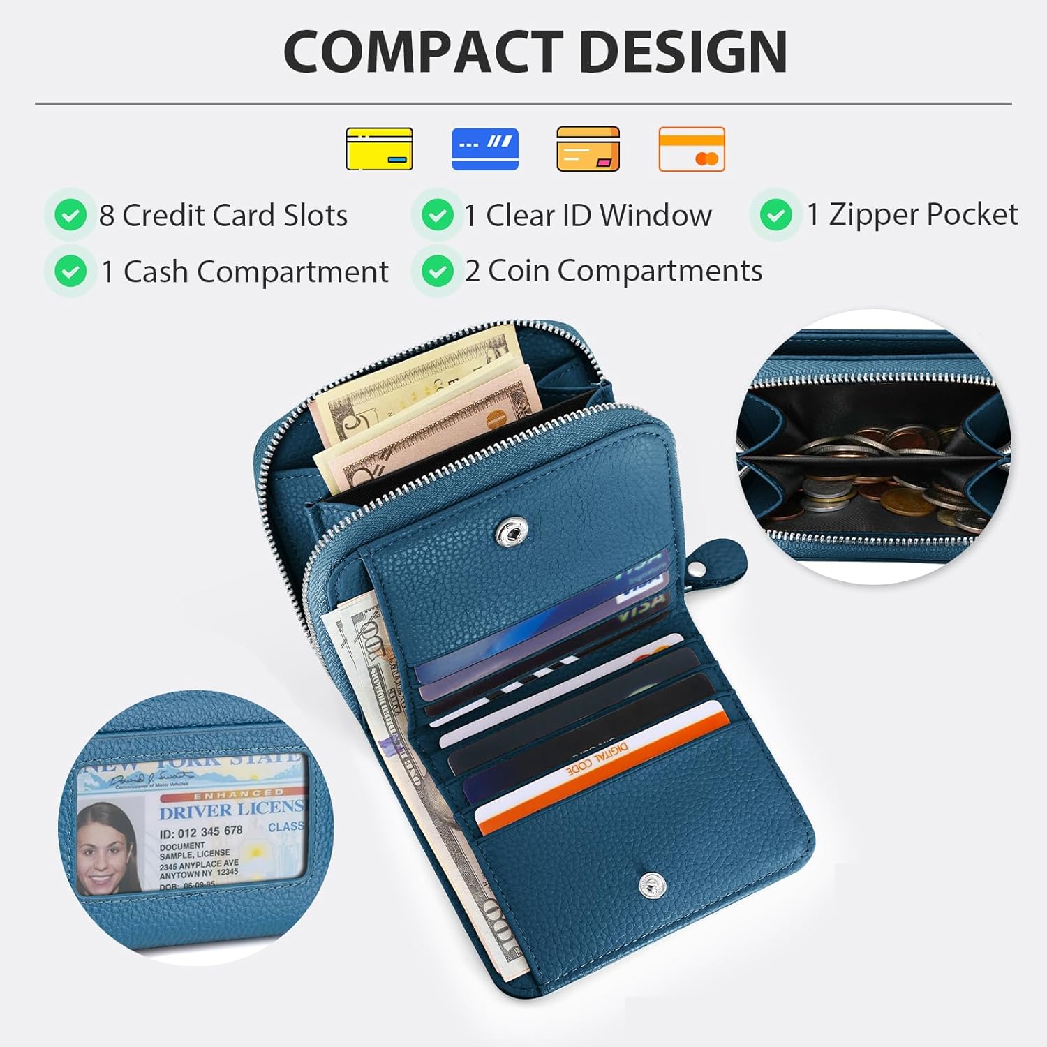 Small Wallet for Women, Genuine Leather RFID Blocking Credit Card Holder Slim Compact Coin Purse Women's Wallets with ID Window 8 Card Slots - Image 2