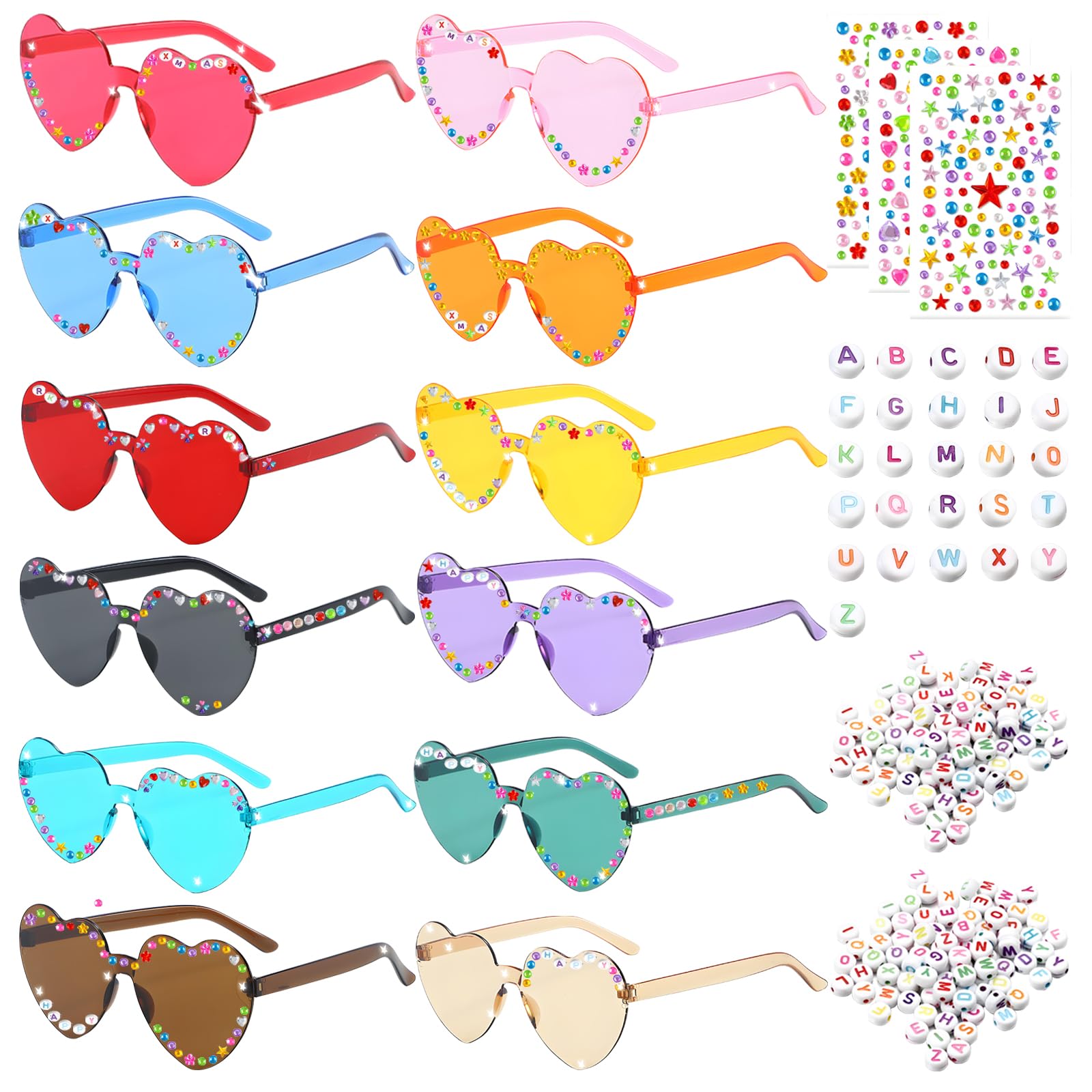 12Pcs Heart Sunglasses, Rimless Heart Glasses Colorful Party Glasses with Letter Beads and Rhinestones, DIY Funny Glass for Adults Bridesmaid Gifts Hen Party Festival Glass for Wedding Accessorie