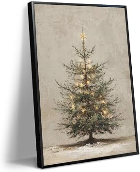 Christmas Pine Tree Canvas Wall Art, Rustic Lighted Snowy Fir Tree Poster, Antique Moody Winter Holiday Wall Decor, Retro Xmas Print Picture for Living Room Bedroom 8x12in Framed