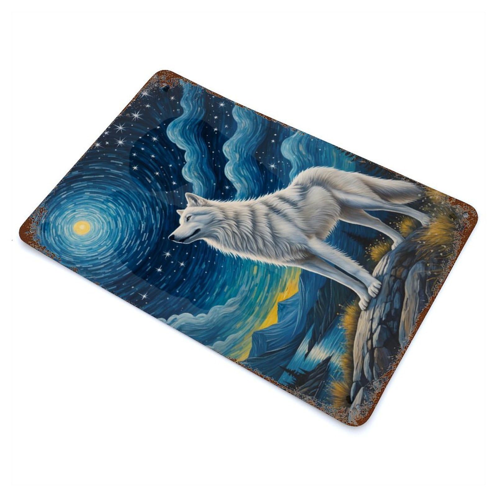 Arctic Wolf Starry Night Rust Effect Tin Sign 11.8"x7.9", Novelty Wall Decor for Garage, Pub Or Kitchen