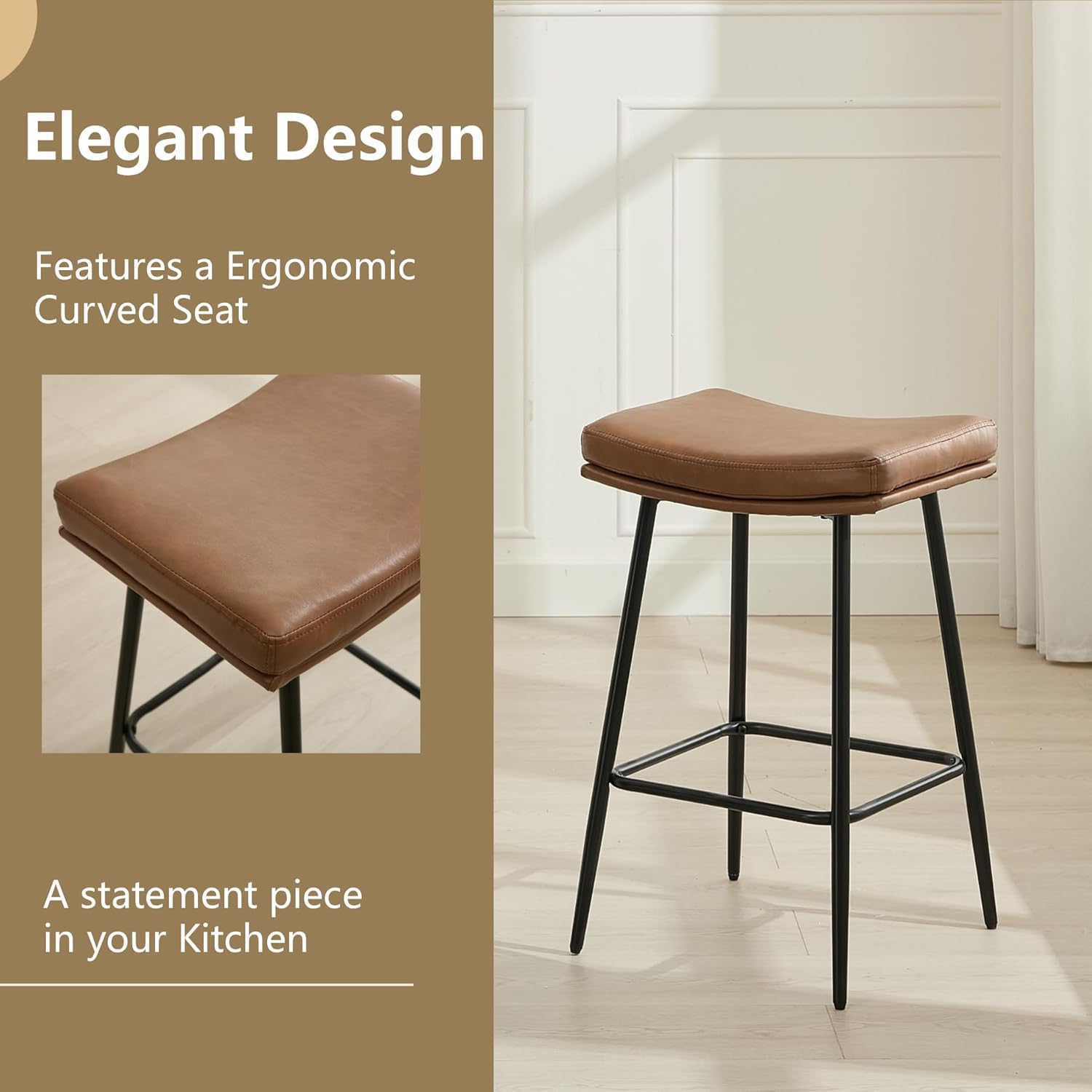 26 inch Counter Height Brown Leather Bar Stools Set of 4, Backless Saddle Bar Stools for Kitchen Counter and Dining Room, Modern Kitchen Stools with Double Layered Cushion and Metal Legs