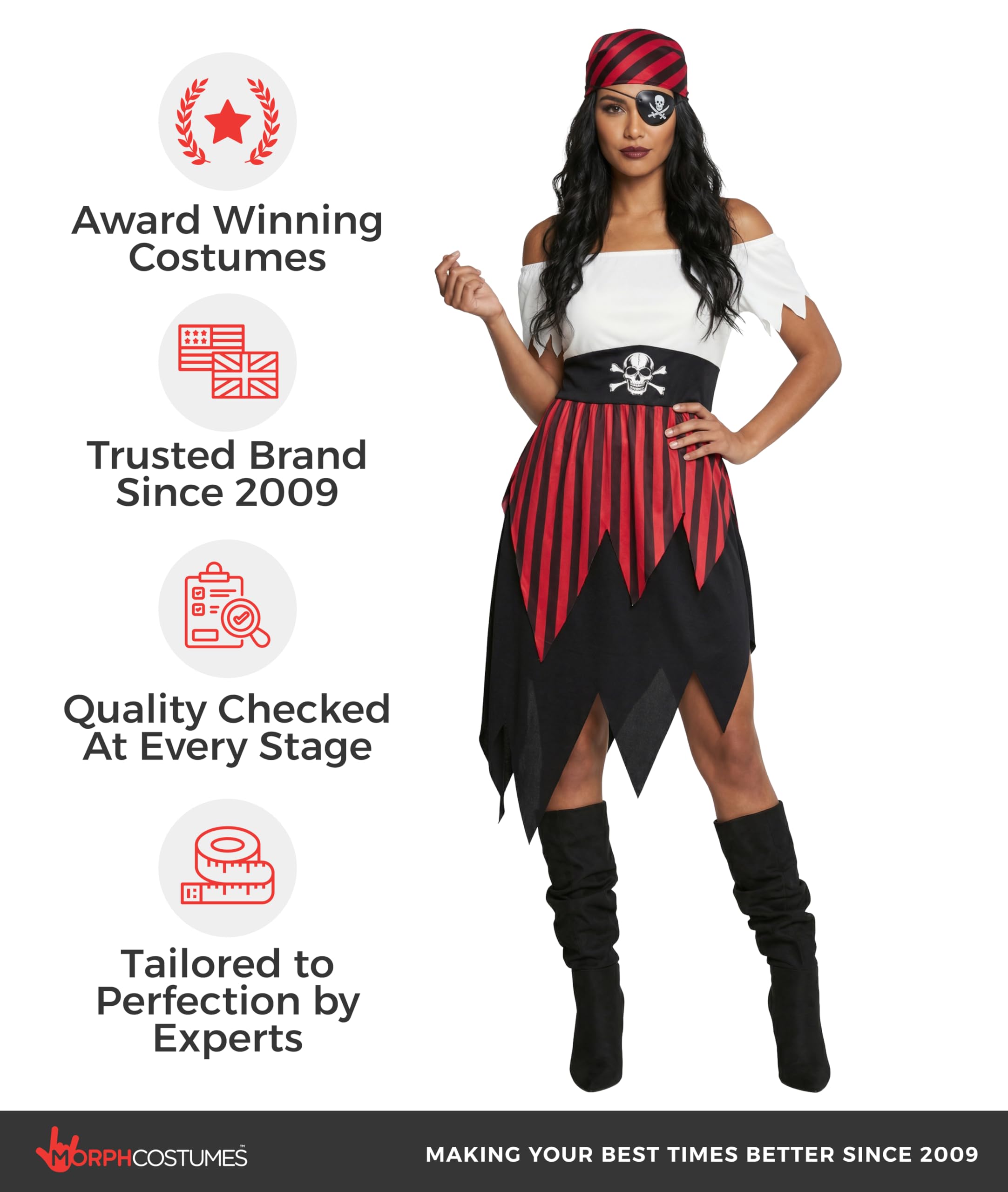 Morph Deguisement Femme Pirate, Costume Flibustiere Halloween Femme | Robe, Bandana & Cache-Œil Assortis, Look de Flibustière, À Enfiler, Parfait pour Halloween, Idéal pour se Déguiser