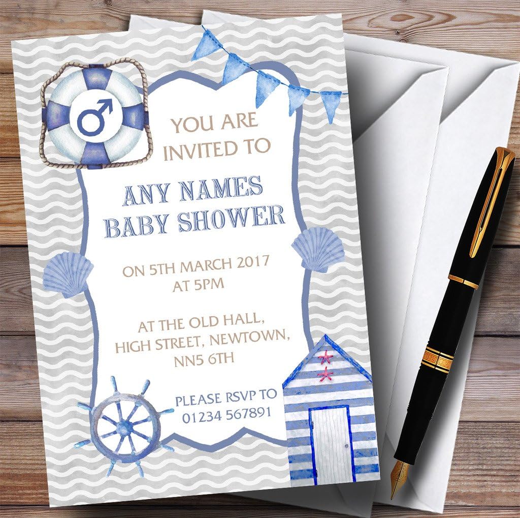 Blue Nautical Beach Watercolour Invitations Baby Shower Invitations