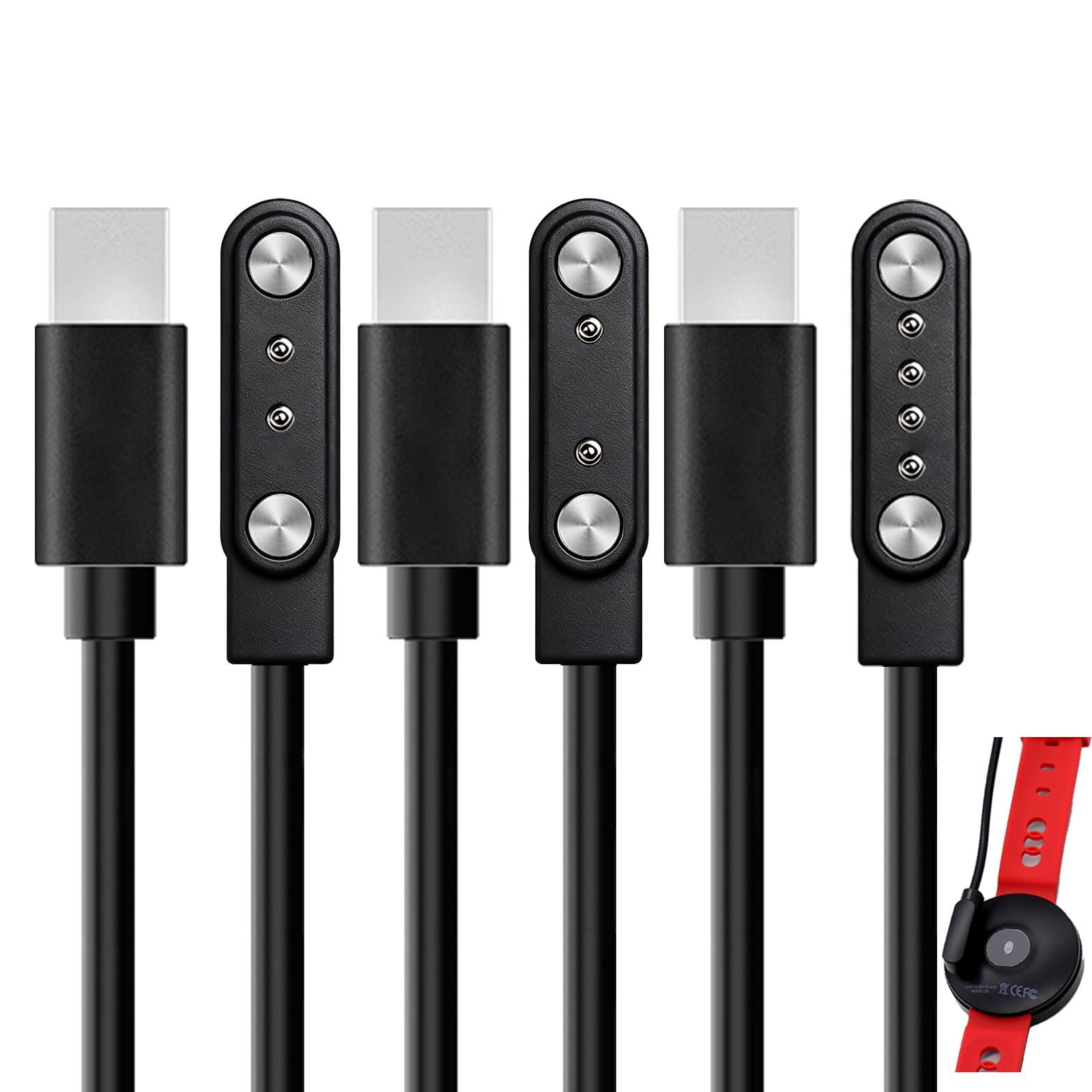 Lote de 3 Cargadores Magnéticos Universales para Relojes Conectados y Fitness Trackers, Adaptadores de 2 Pines (4mm y 7.62mm) y Cable USB-C de 4 Pines (2.6mm) para Carga Rápida y Segura