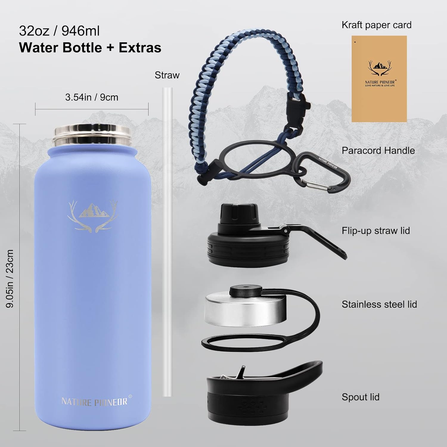 NATURE PIONEOR Insulated Water Bottles with Paracord Handle - 32 oz Vacuum Sports Wide Mouth Water Bottle with 3 Lids, Leak Proof Stainless Steel Keeps Hot and Cold