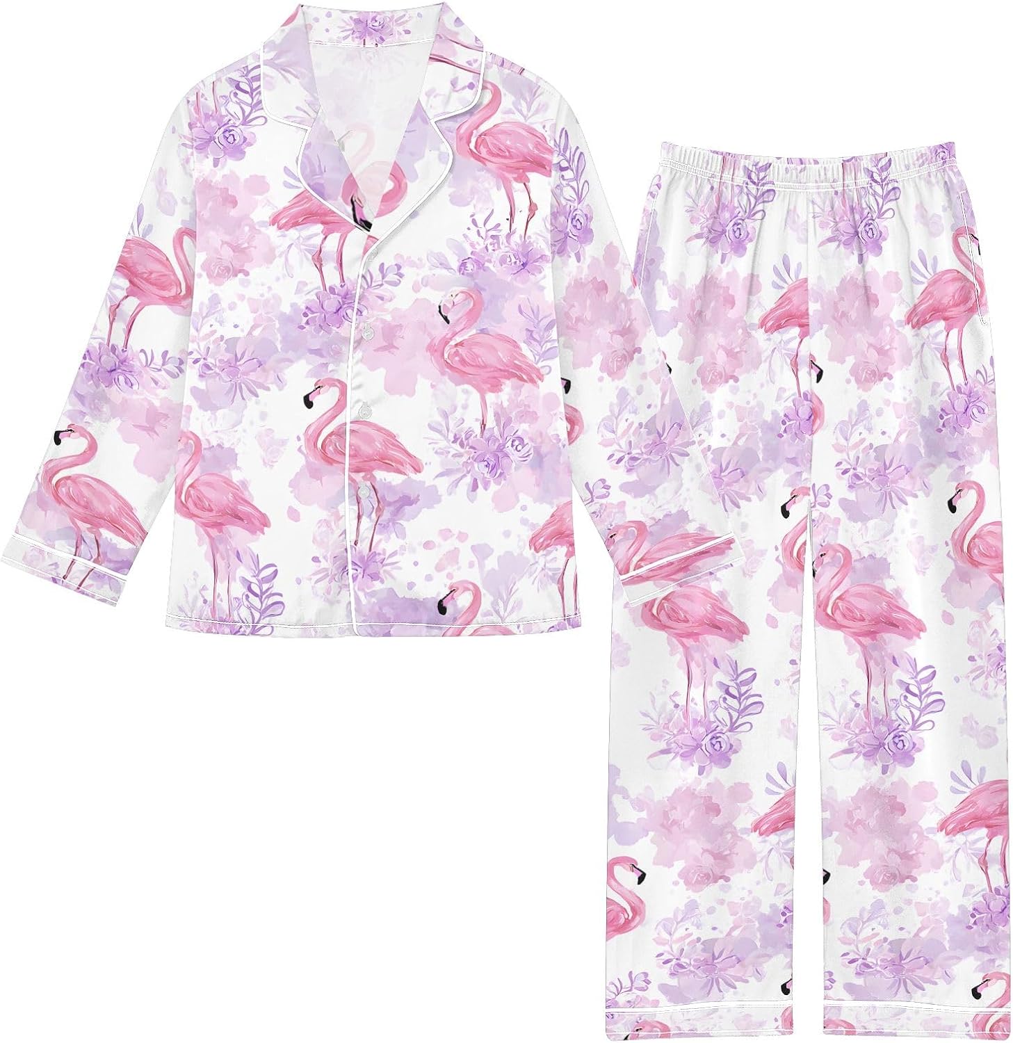 Kids Casual Satin Wear Set Pretty Pink Flamingo Pattern Unisex Relaxed Fit Clothing