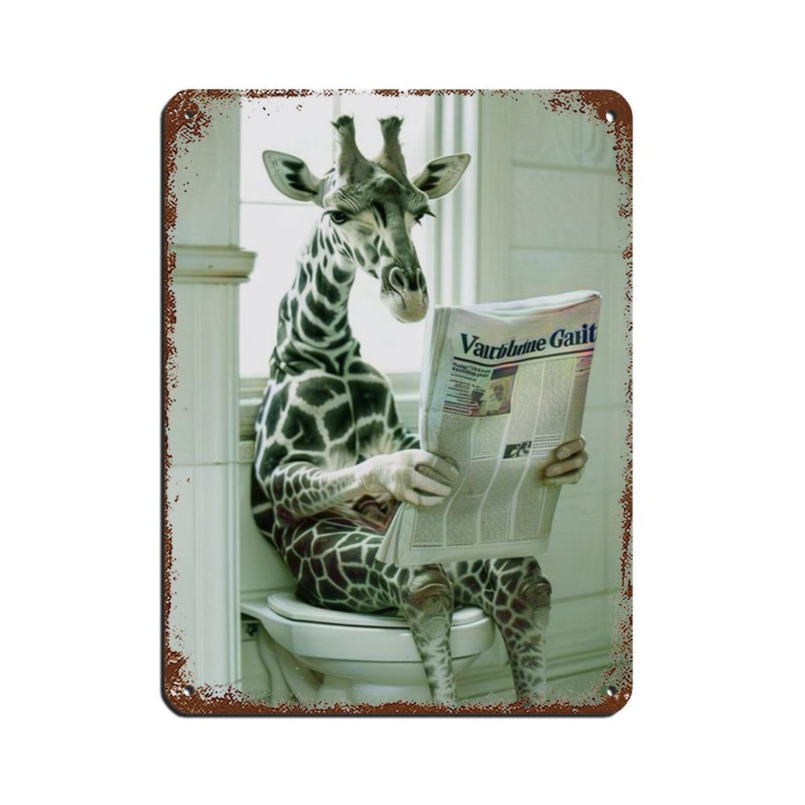 Lxwnze 30L X 40W Cm Funny Giraffe Bathroom,Giraffe On Toilet Reading Newspaper Retro Poster Metal Tin Sign Chic Art Retro Iron Painting Bar People Cave Cafe Family Garage Poster Wall Decoration 12X16inch(30X40cm)