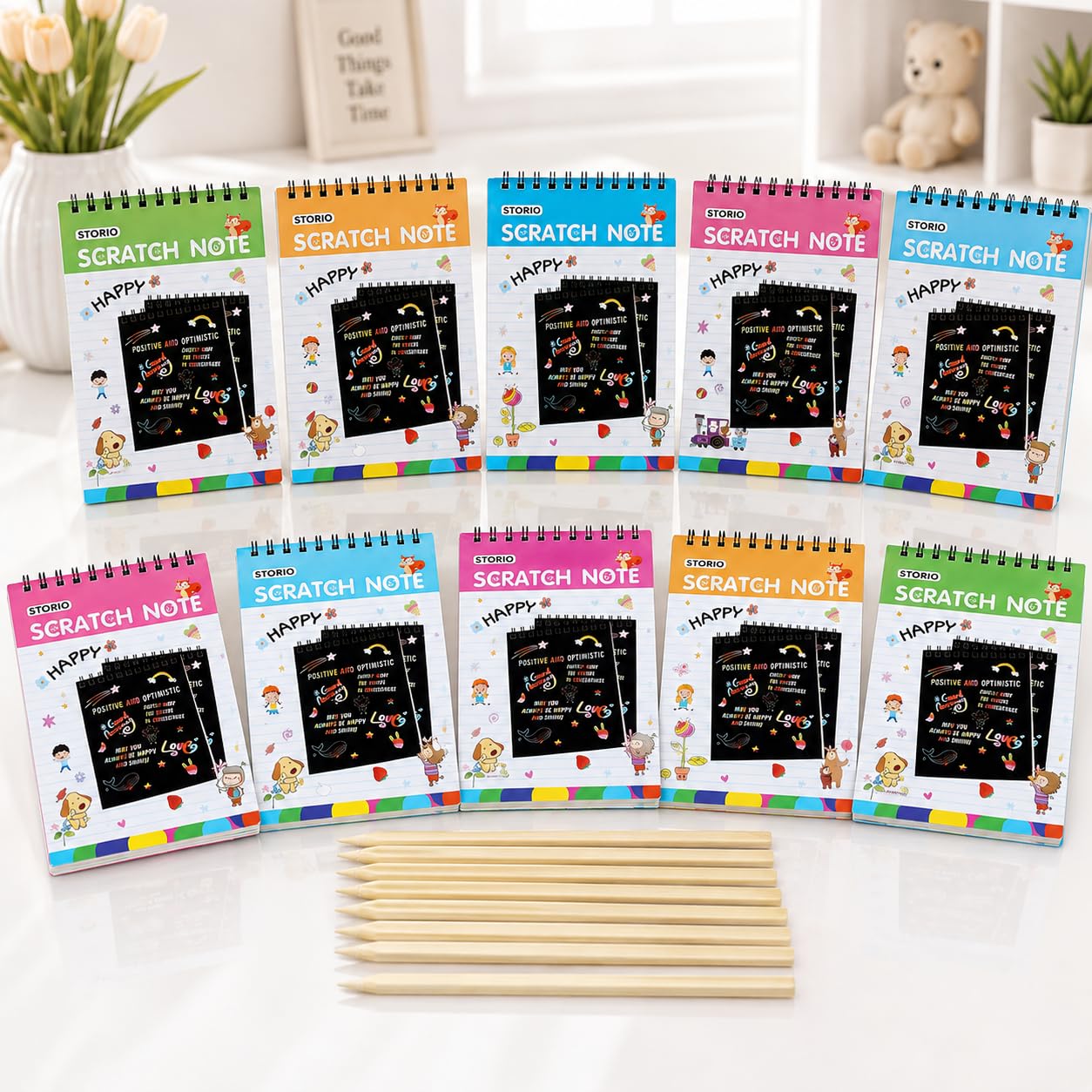 Storio 10 Pcs 2-in-1 Water Colour & Scratch Art Books as Birthday Return Gifts for Kids | Assorted Themes | 8 Activity Pages per Kit with Brush & Stylus | Drawing & Painting for Boys & Girls