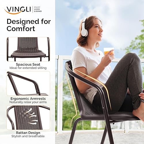 Miniatura 5 de VINGLI Juego de 2 sillas de comedor de ratán para exteriores, sillas de patio apilables de plástico PE duradero con cómodo respaldo curvado y