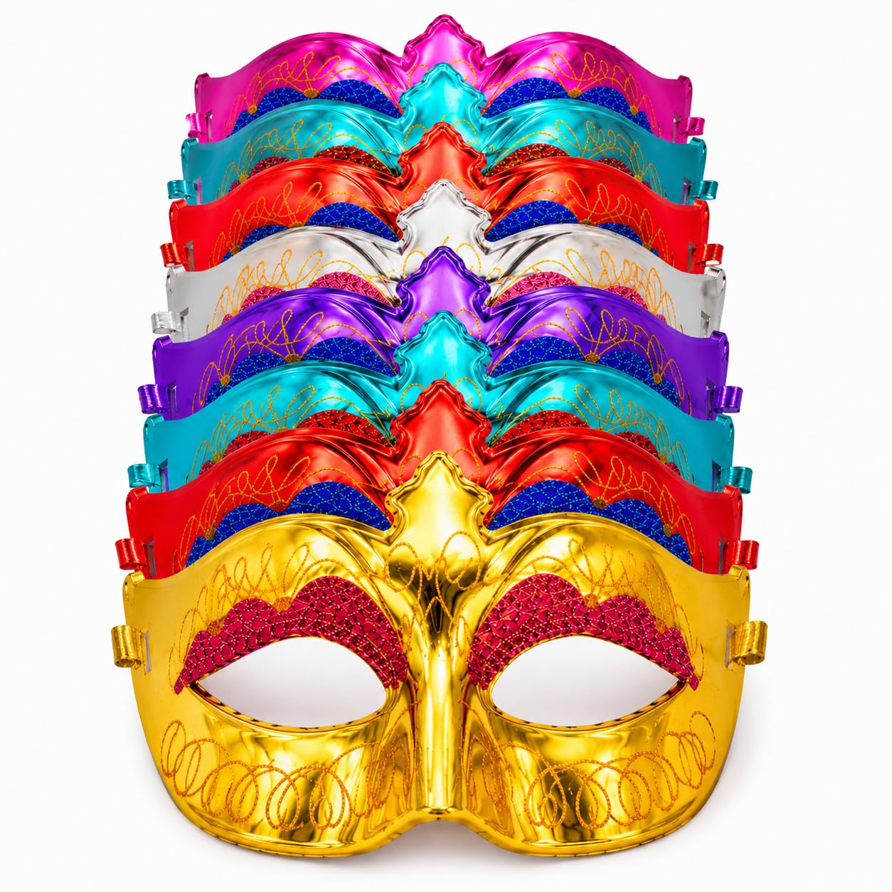 Fun Affairs Glitter Masquerade Eye Mask for Men & Women, Pack of 6 | 6 glitter Venetian masks with ribbon ties for parties & Halloween