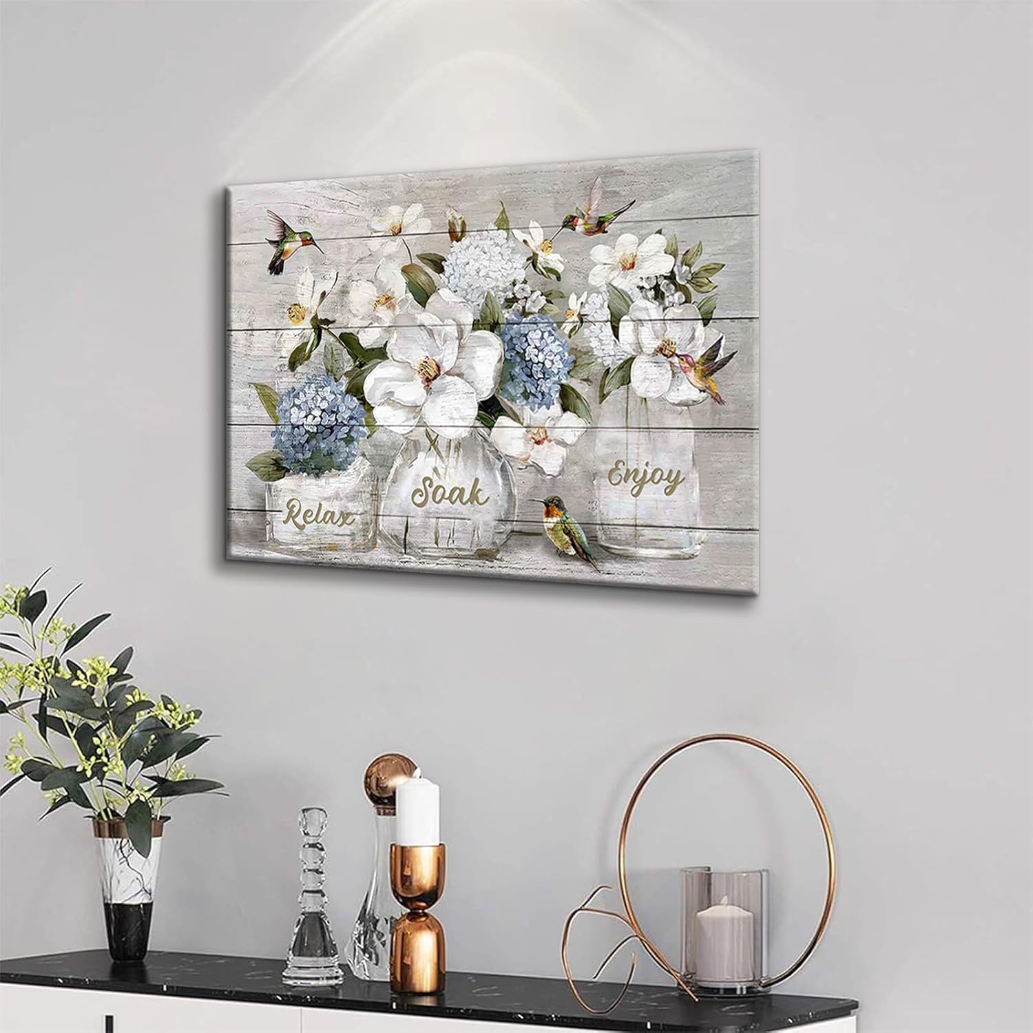 TRLCKYPL Rustic Hummingbird Flowers Canvas Picture Farmhouse Bathroom Wall Decor Relaxing Soaking Poster Print for Bathroom Living Room Bedroom (16x24in Canvas)