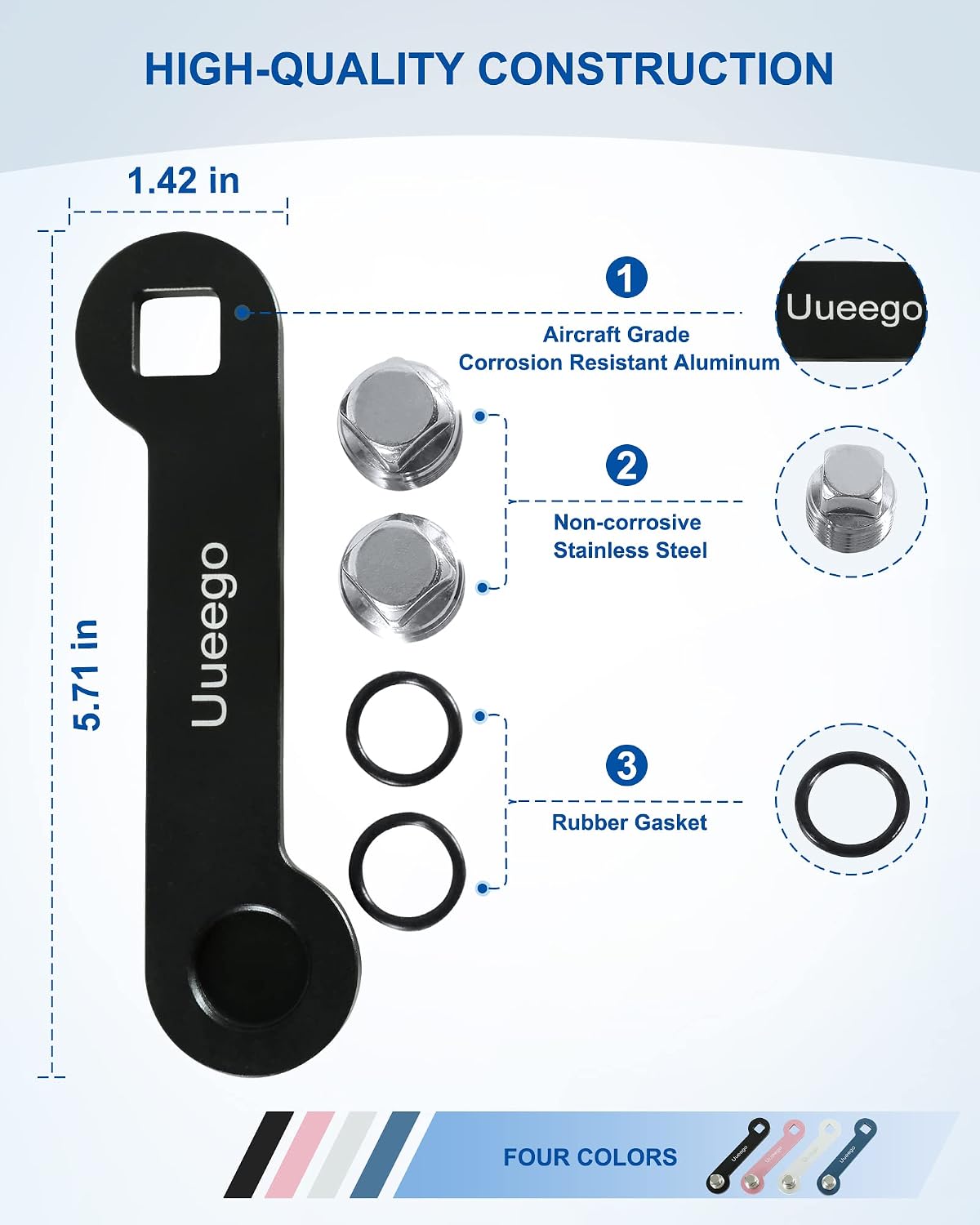 Non-Corrosive Aluminum Boat Drain Plug Wrench, Patented, Fits 1/2 inch NPT Plug, Easy to Use and Store