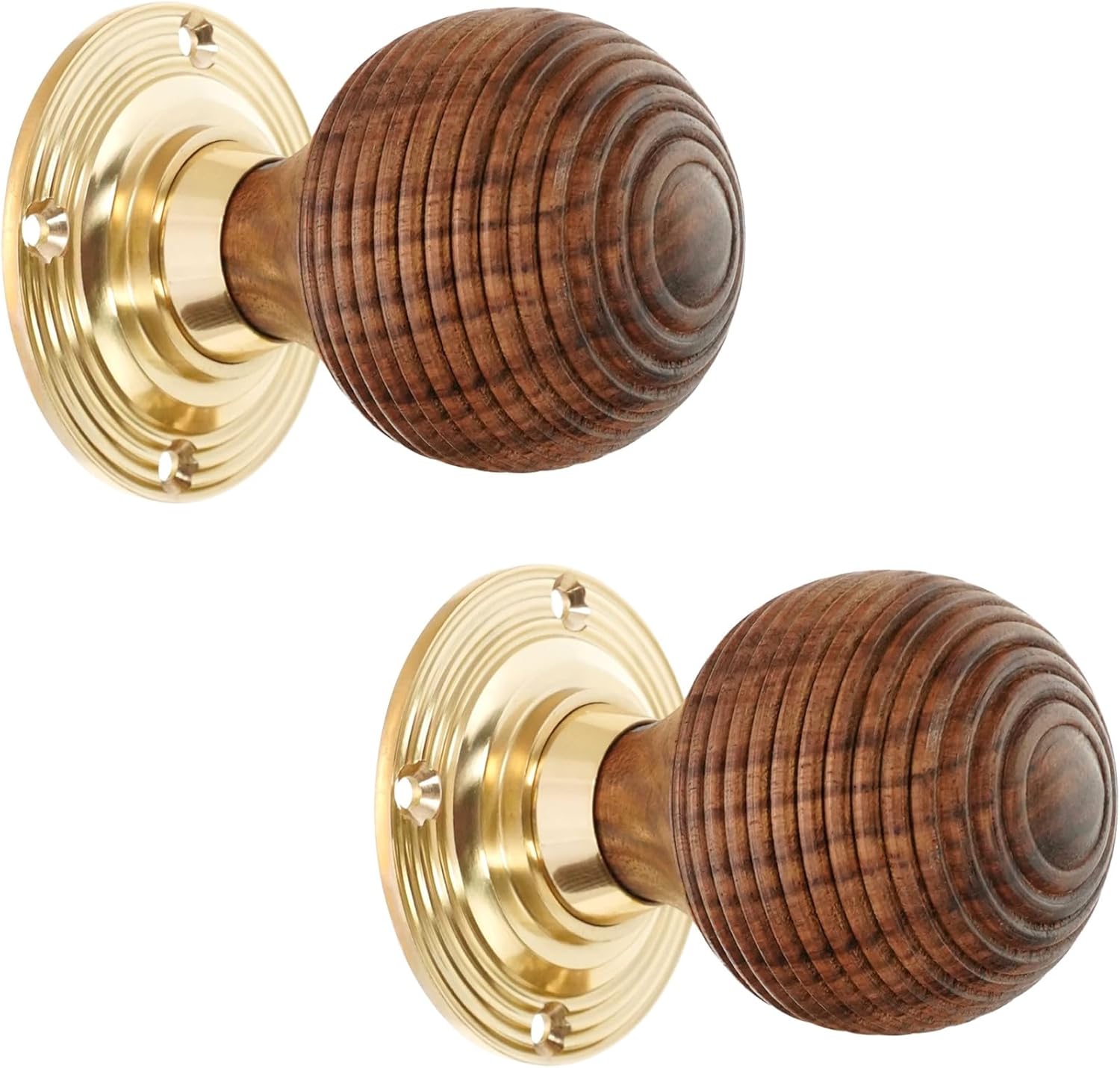 Infinity Decor Pair of Traditional Style Rosewood Beehive Rim Door Knobs Set 55mm - Polished Brass Rose Door Handles Ideal for Internal & External Doors