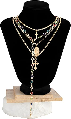 Miniatura 8 de Collares de cruz en capas de oro para mujer, 4 piezas, gargantilla apilable, vintage, colgante de cruz con diamantes de imitación, collar de Virgen