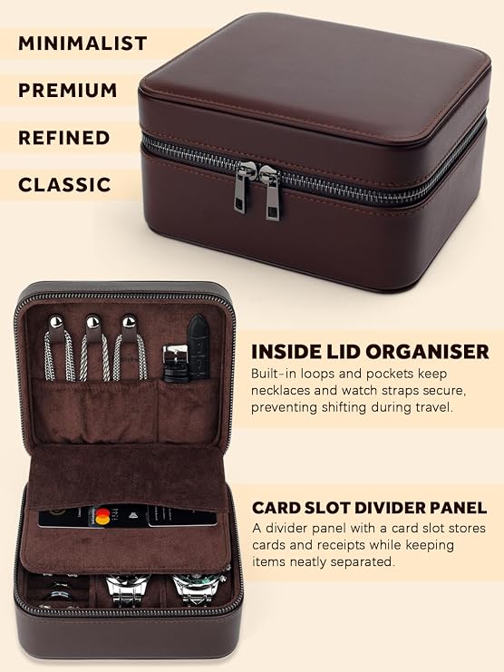 REVEMCN 2-Slot Large Travel Watch Box for Men, Watch & Jewellery Organiser