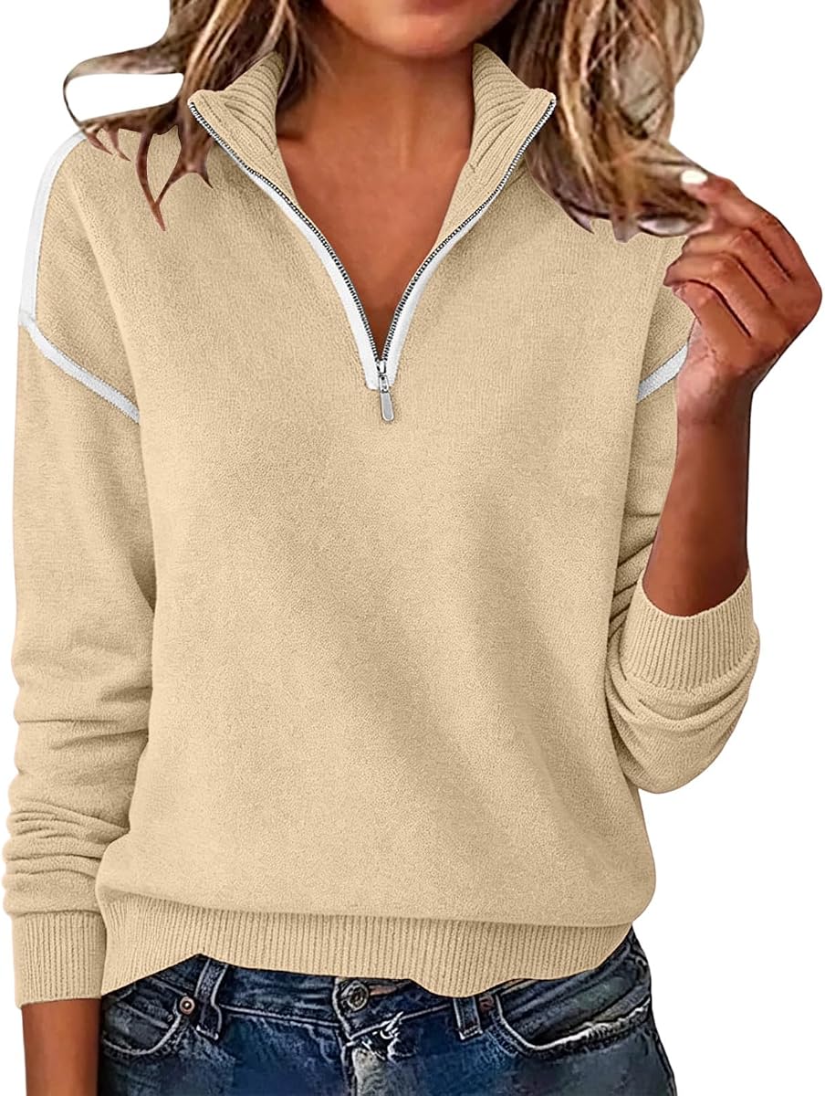 Womens Quarter Zip Sweater Stand Collar Pullover