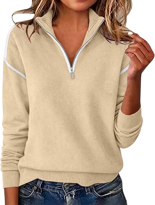 Womens Quarter Zip Sweater Stand Collar Pullover