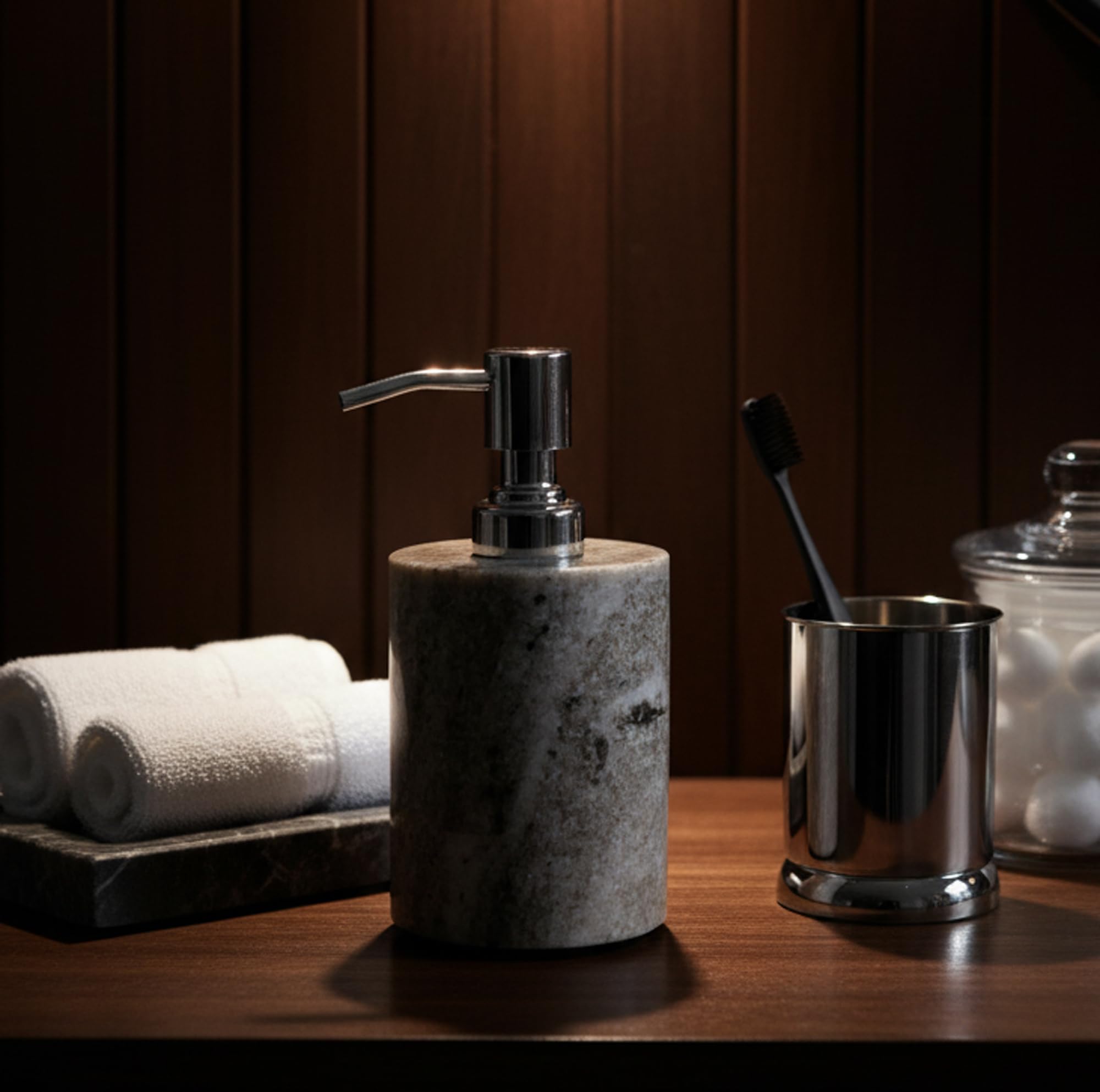 KLEO Soap Dispenser Lotion Dispenser - Made of Natural Stone - Luxury Bathroom Accessories Bath Set (Brownish) - Image 2 thumbnail