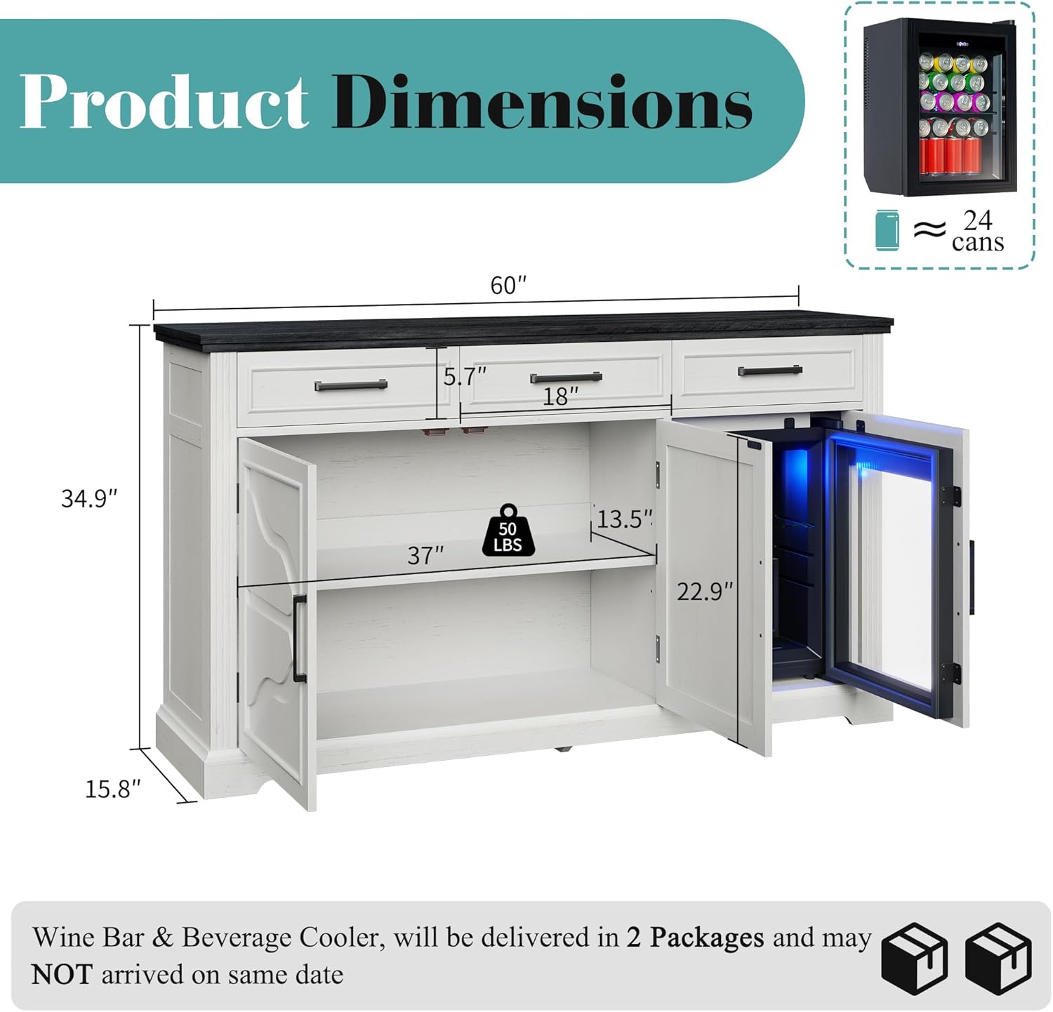 60" Farmhouse Coffee Bar Cabinet with Beverage Fridge (Included), Wine Bar Cabinet with Drawer Storage, Mini Fridge Cabinet, Sideboard Cabinet for Dining Room, Living Room-White