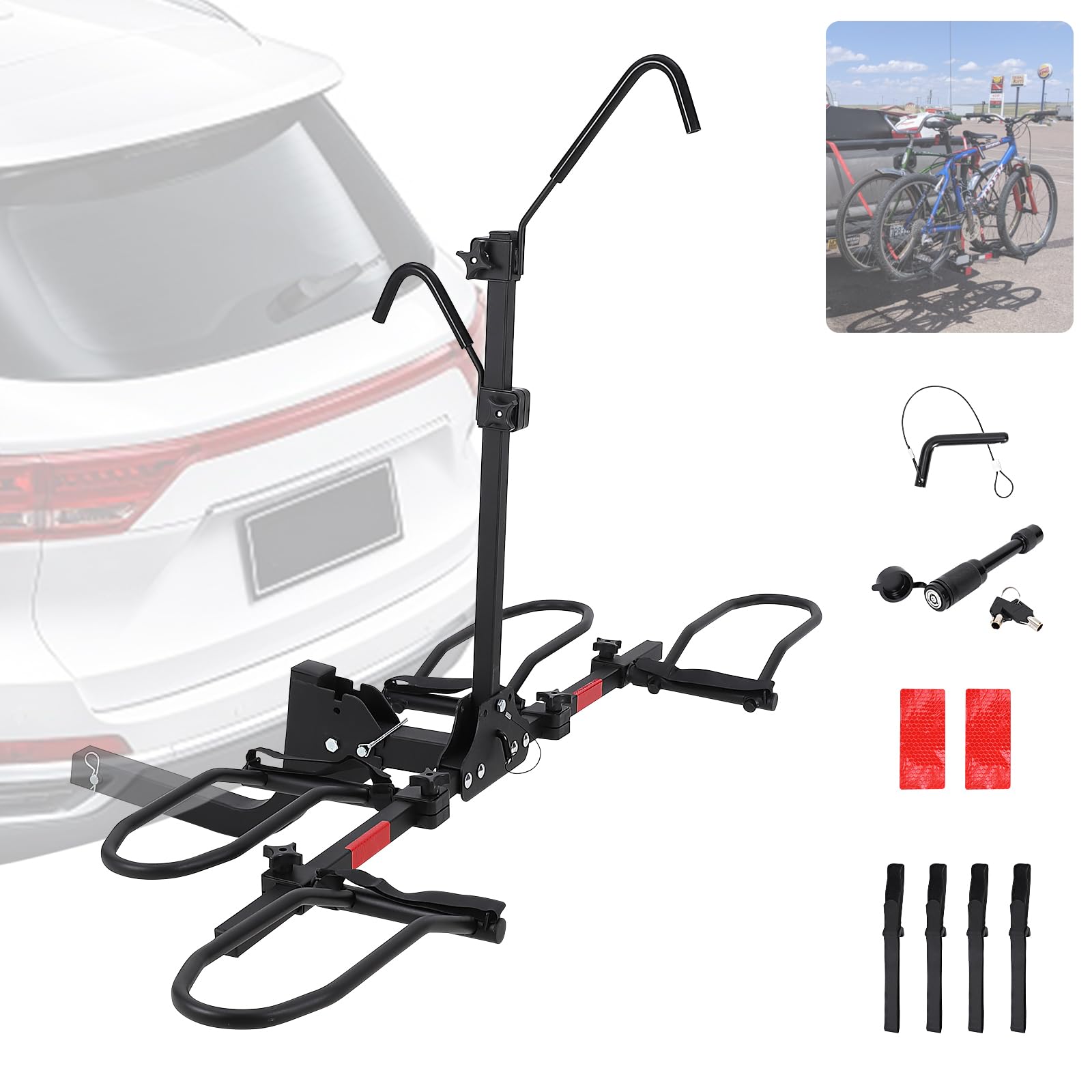 Garvee Portabicicletas Plegable de Enganche para 2 Bicicletas, Soporte para E-Bikes y Fat Bikes de hasta 180 kg, Ajuste de Neumáticos de 5.5'' con Sistema Antioscilación para Coche y SUV, Negro