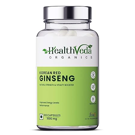 Health Veda Organics Plant Based Korean Red Ginseng Supplement 1000 mg | 60 Veg Capsules | For Men & Women