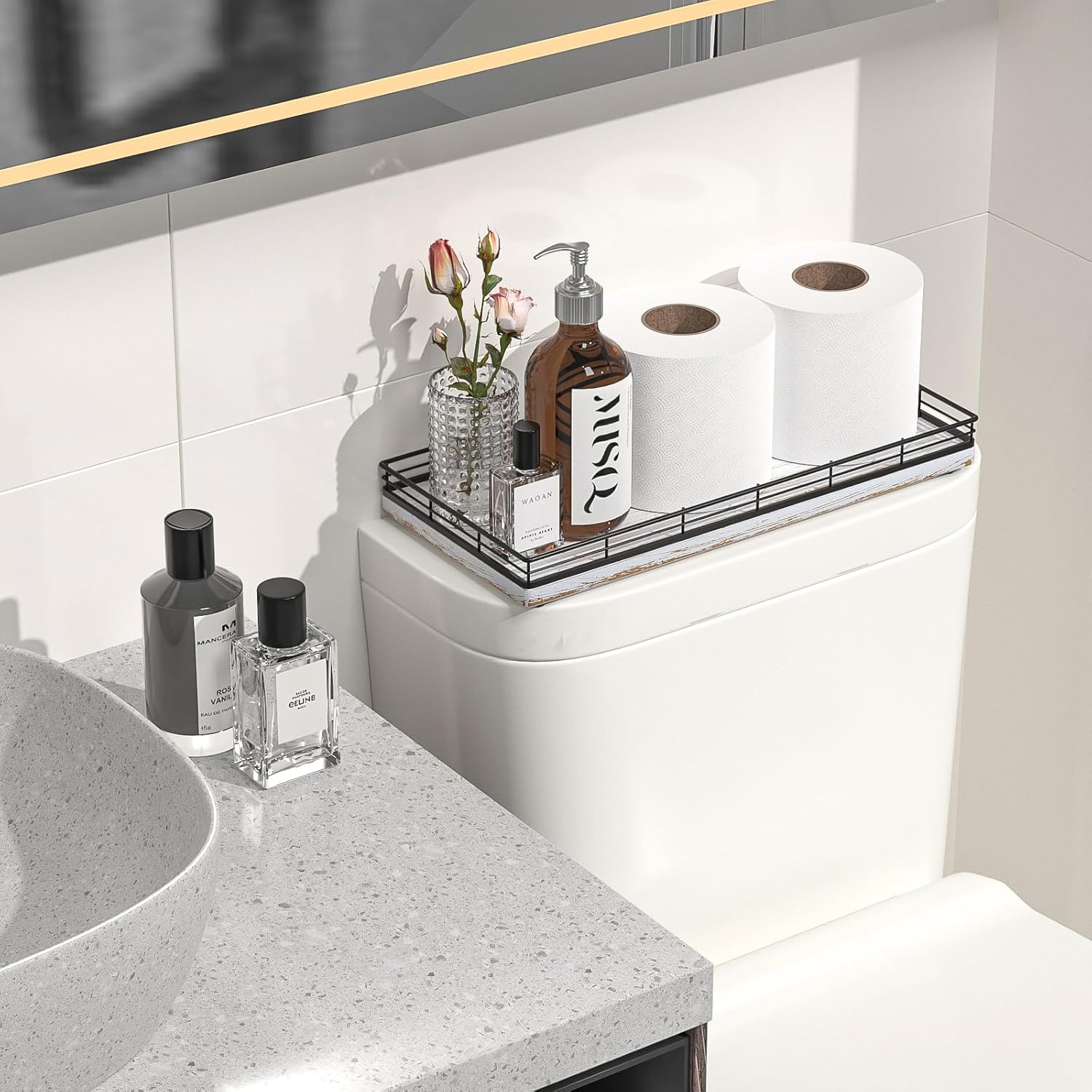 Bathroom Toilet Tank Tray, 13" Wood Toilet Paper Storage Basket Tray Back of Toilet Basket Organizer,Vanity Tray for Perfume Makeup Candle Decor, Black & Farmhouse White - Image 3