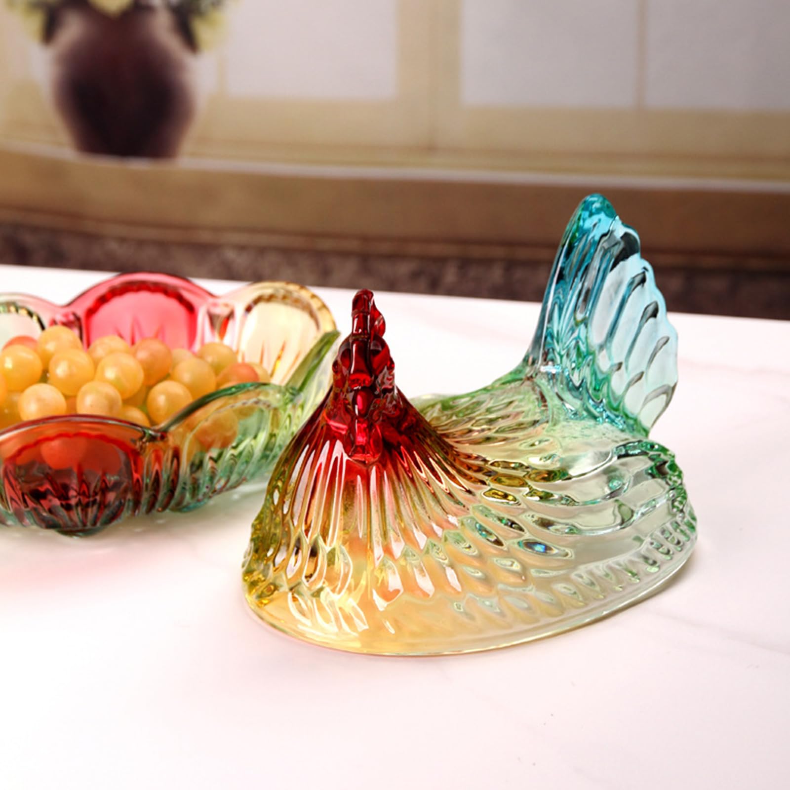 Greabuy Caja de caramelos de cristal para gallina en nido, tarros de dulces con tapa, plato de caramelo, decoración de mesa, plato de postre, plato de regalo de cristal para gallina