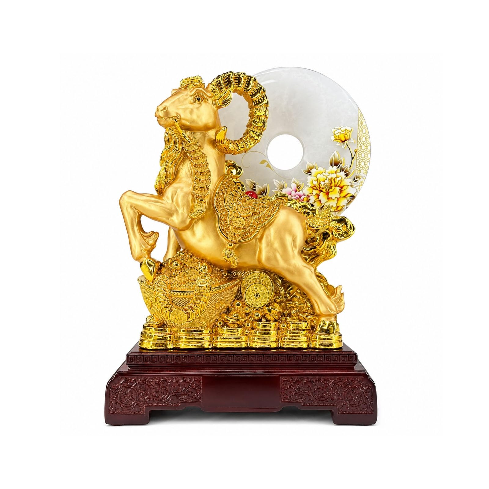 Golden Feng Shui, Ram Statue Ping'an Kou, Money Bags And Gold Ingots