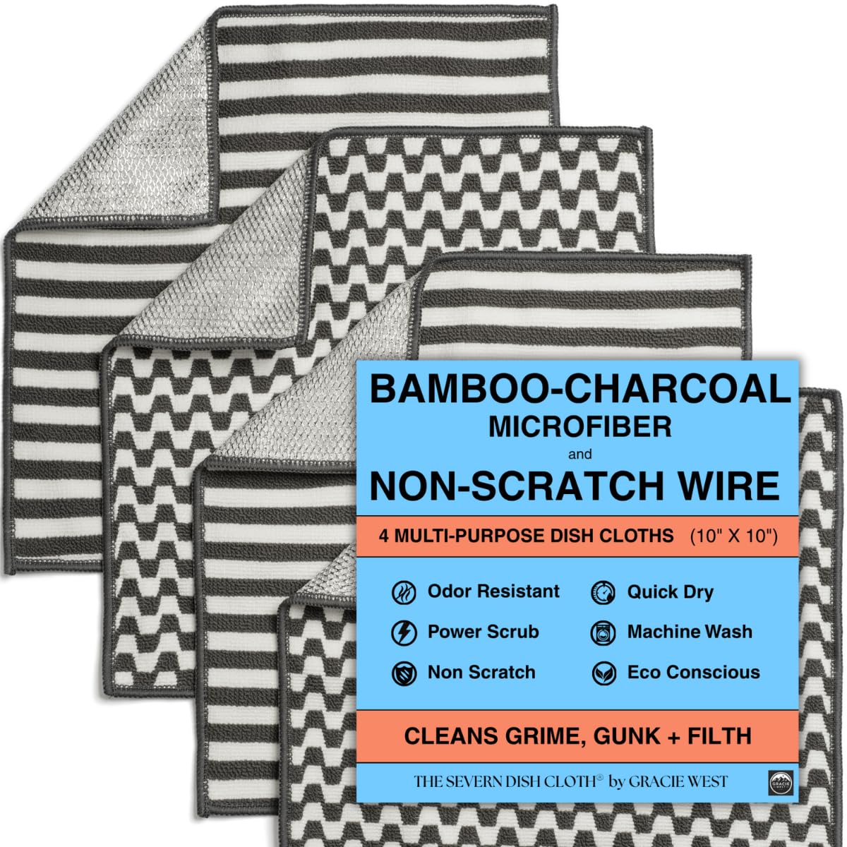 Dish Cloths - Bamboo-Charcoal Microfiber & Non-Scratch Wire – Set of 4 – Odor Resistant - Grime Fighting - Rapid Dry - Scrubbing Power - Easy Clean. The Severn Dish Cloth by Gracie West