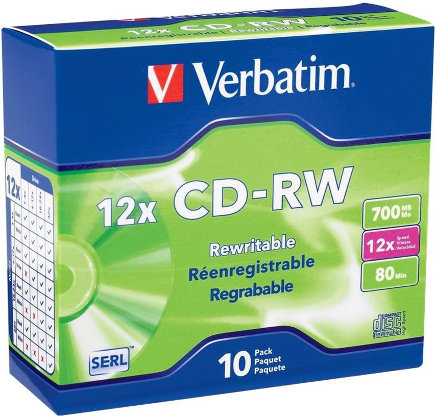 Verbatim CD-RW 700MB 4X-12X Yeniden Yazılabilir Boş Medya - İnce Mücevher Kılıflarında 10 Disk, Gümüş