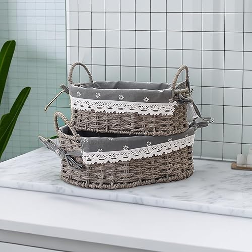 Miniatura 3 de GIB - Juego de 2 cestas pequeñas de mimbre, cestas decorativas tejidas a mano para almacenamiento, cestas tejidas con cuerda de papel con forro y