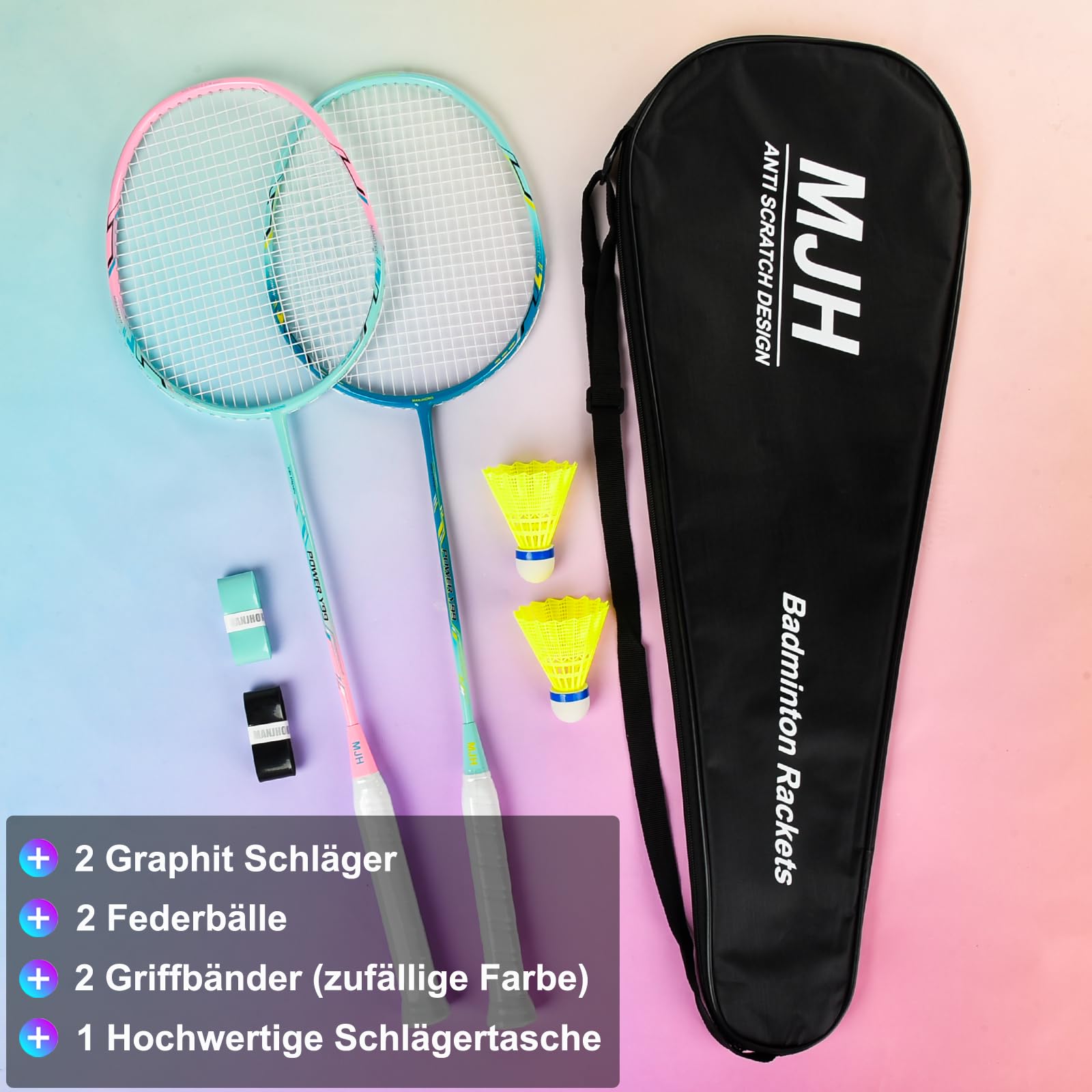 Badminton Set mit 2 Graphit Schläger - Kratzfestes Design - Federball Set für Erwachsene Incl. Federbälle, Griffbänder & Schlägertasche