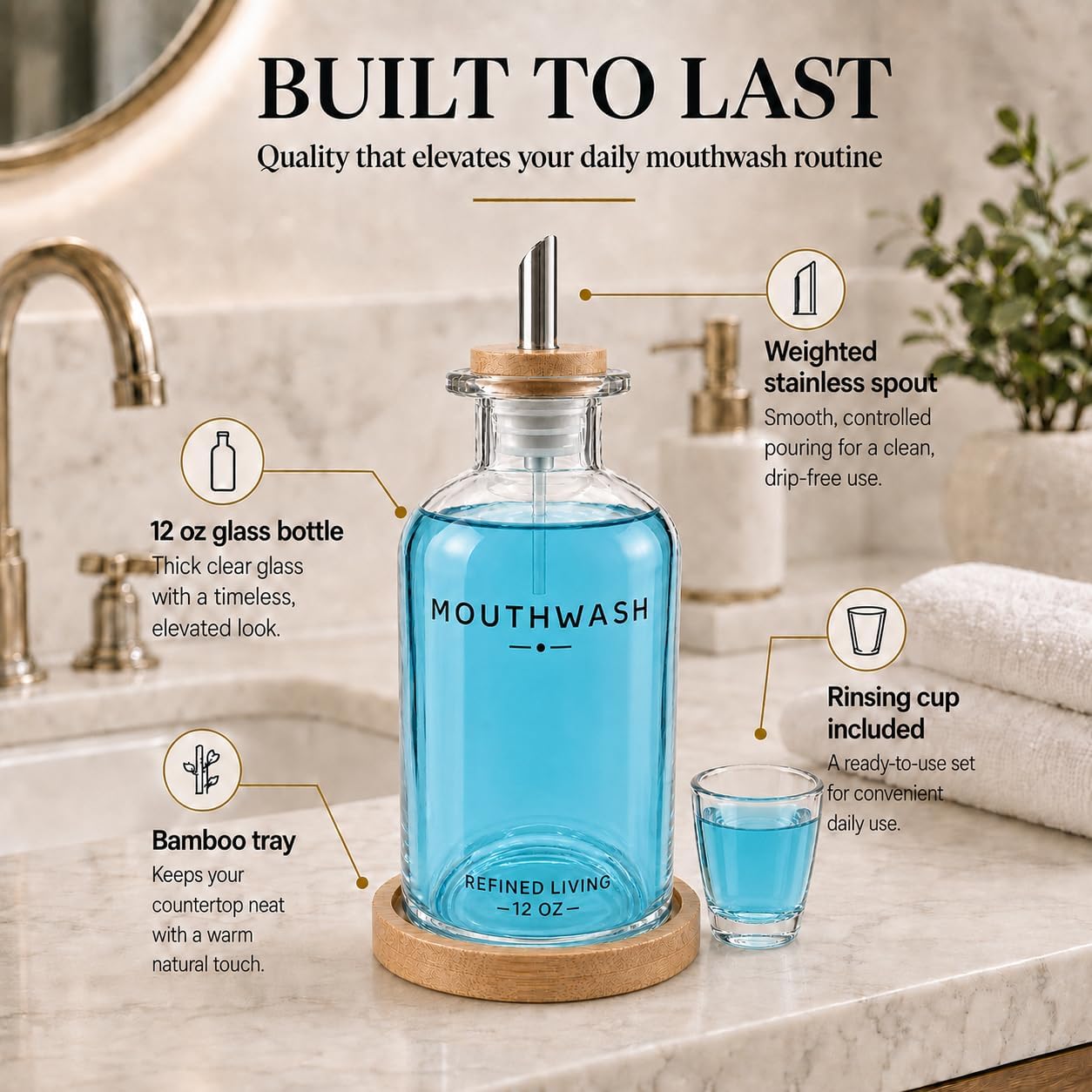 Mouthwash Dispenser for Bathroom, 12 OZ Refillable Glass Mouthwash Container with Cup & Bamboo Tray, Mouthwash Bottle for Countertop - Modern Bathroom Decor for Home Vanity