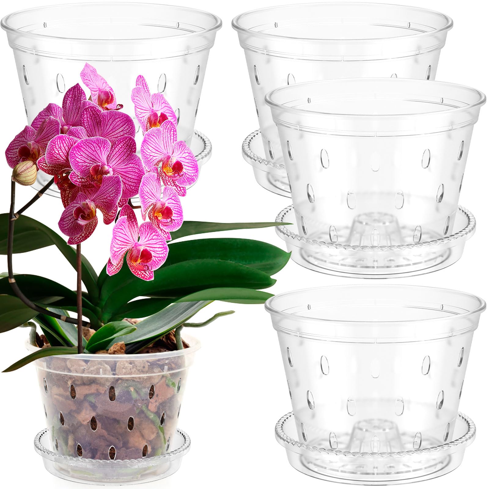 RHAIQBVC Clear Orchid Pot, 5Pcs Plastic Plant Pots with Holes and Saucers, Sturdy Breathable Flower Plant Pot, House Plant Pots Nursery Pots for Orchid Repotting Kit(L)