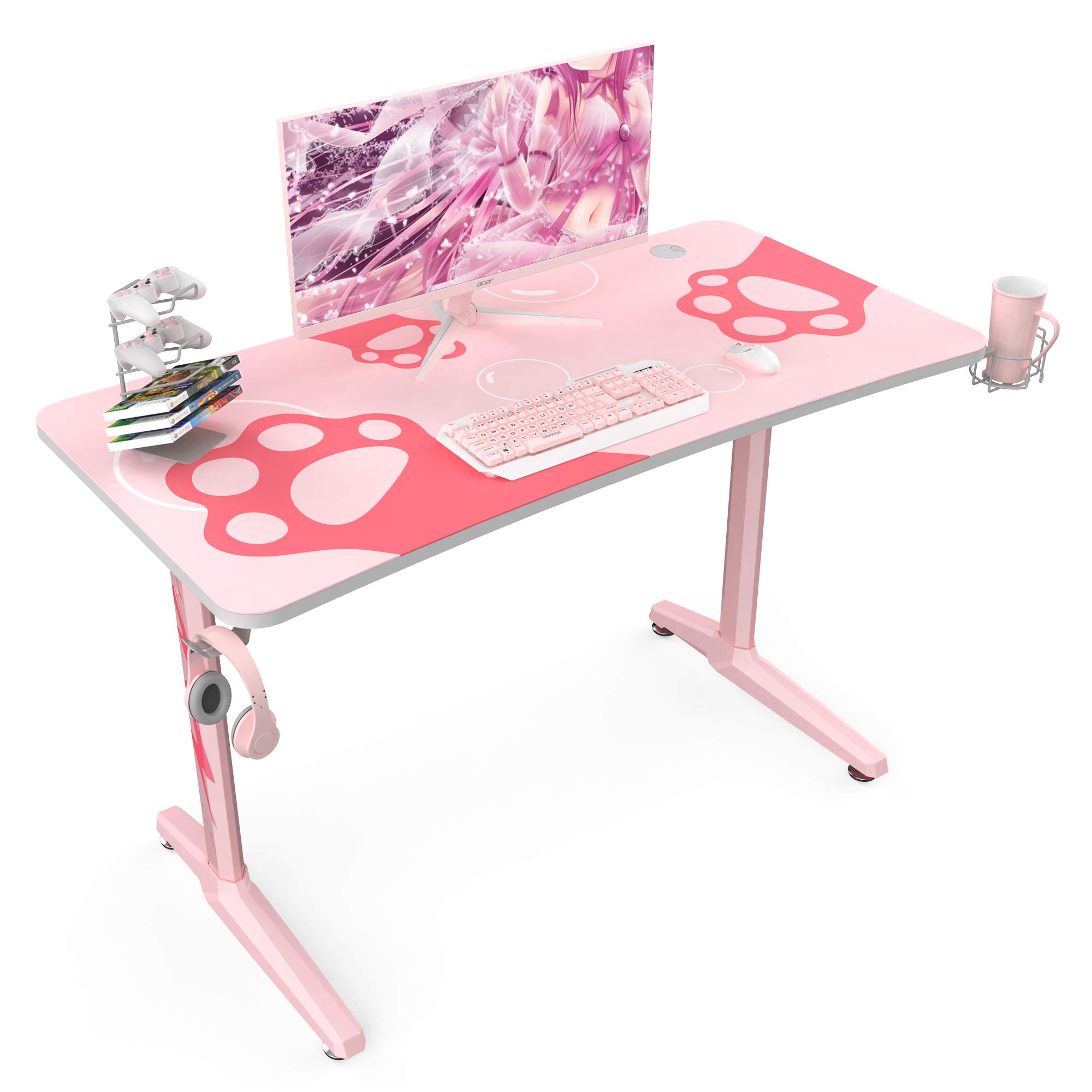 EUREKA ERGONOMIC Gaming Desk,47 Inch I Shaped Pink Computer Desk,Gaming Table Desk Home Office