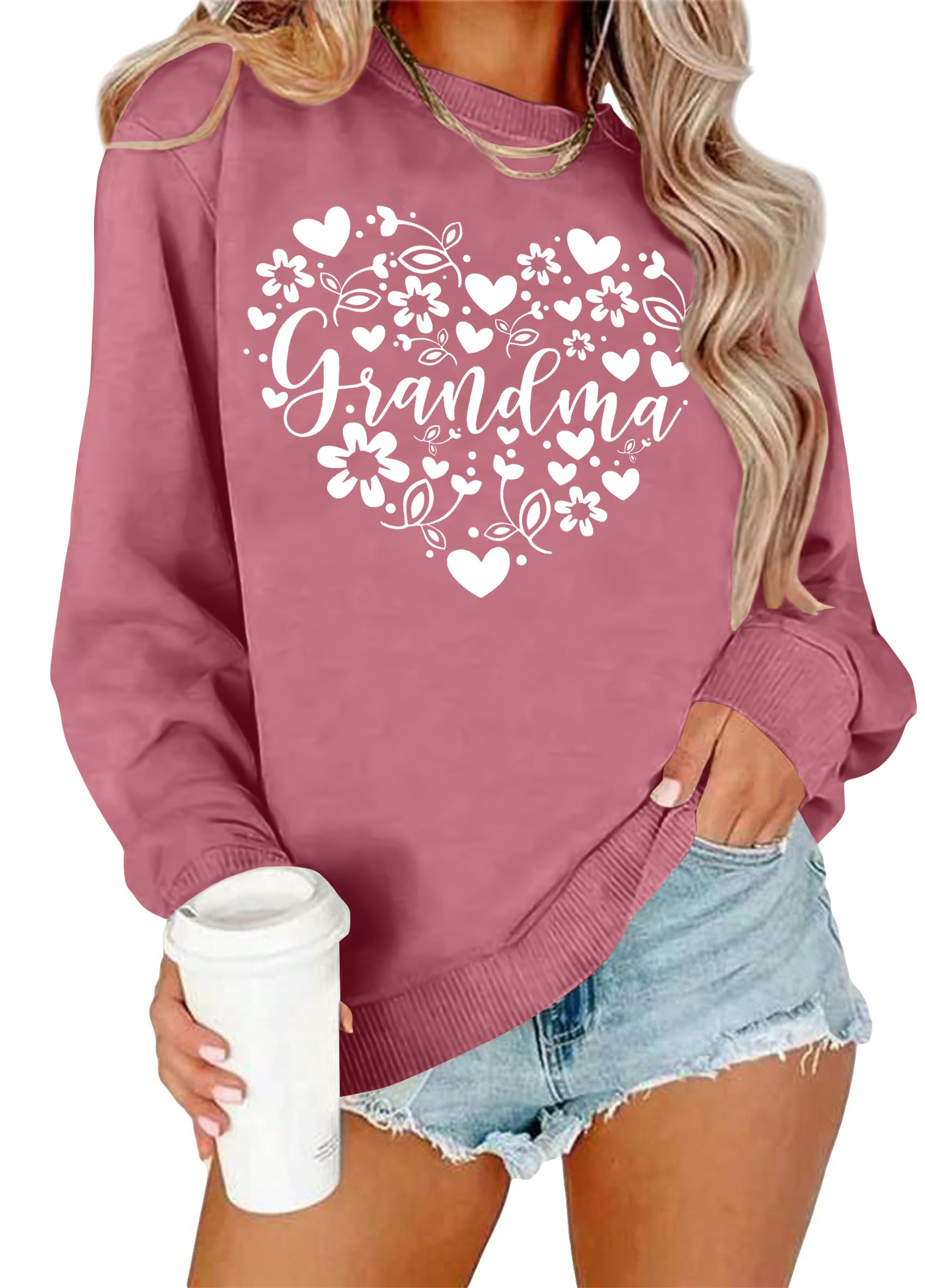 ELDPS Grandma Sweatshirts for Women: Grandma Floral Heart Shirts Long Sleeve Grandmother Gifts Crewneck Pullover Tops