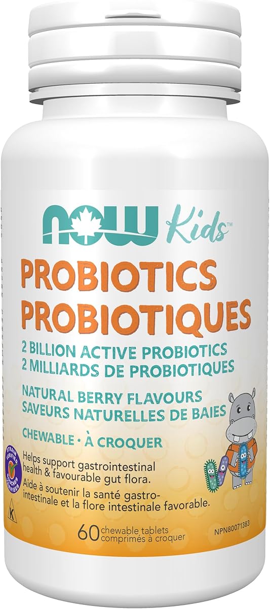 NOW NOW Supplements, Kids Probiotic (formerly BerryDophilus™) with 2 Billion, 10 Probiotic Strains, Xylitol Sweetened, Strain Verified, Chewable Tablets, 60 Count