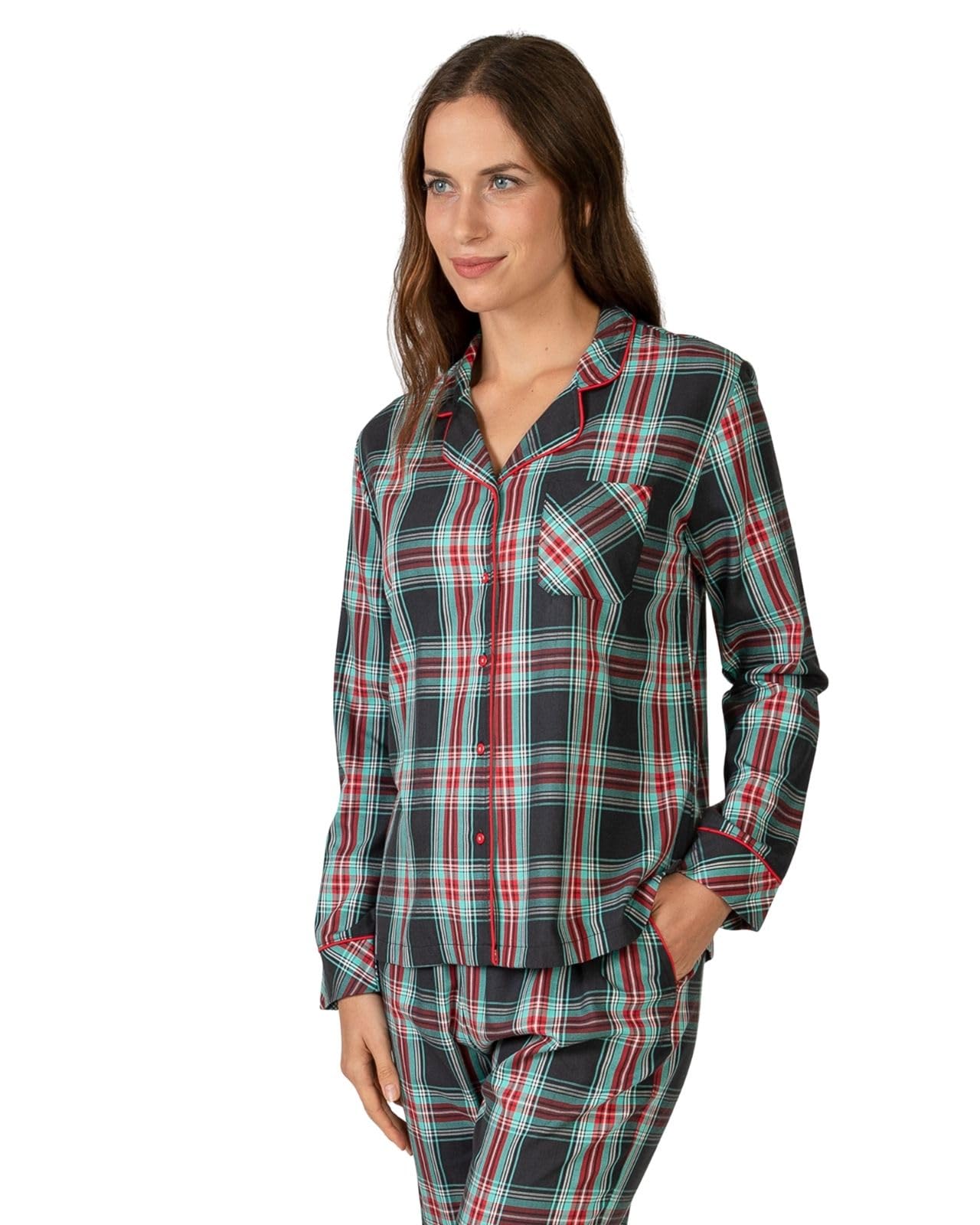 MASSANA Pijama de Invierno para Mujer P751210, Conjunto de Cuadros Negro, Rojo y Verde, Manga Larga, 50% Algodón 50% Viscosa