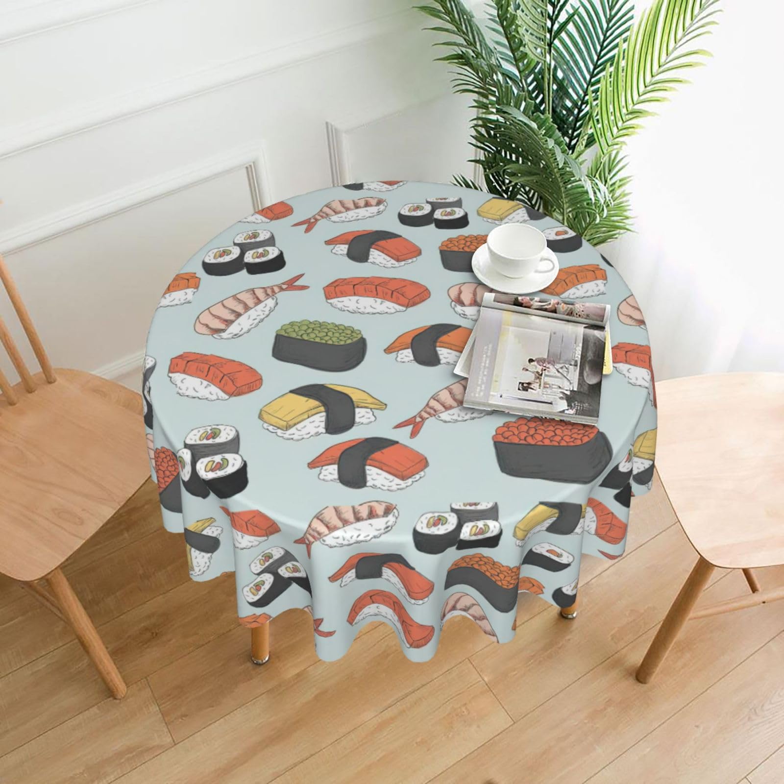SDEGTHO Sushi Print Modern Retro Round Tablecloth 60in Polyester Fabric Cover for Party Dining Table Washable