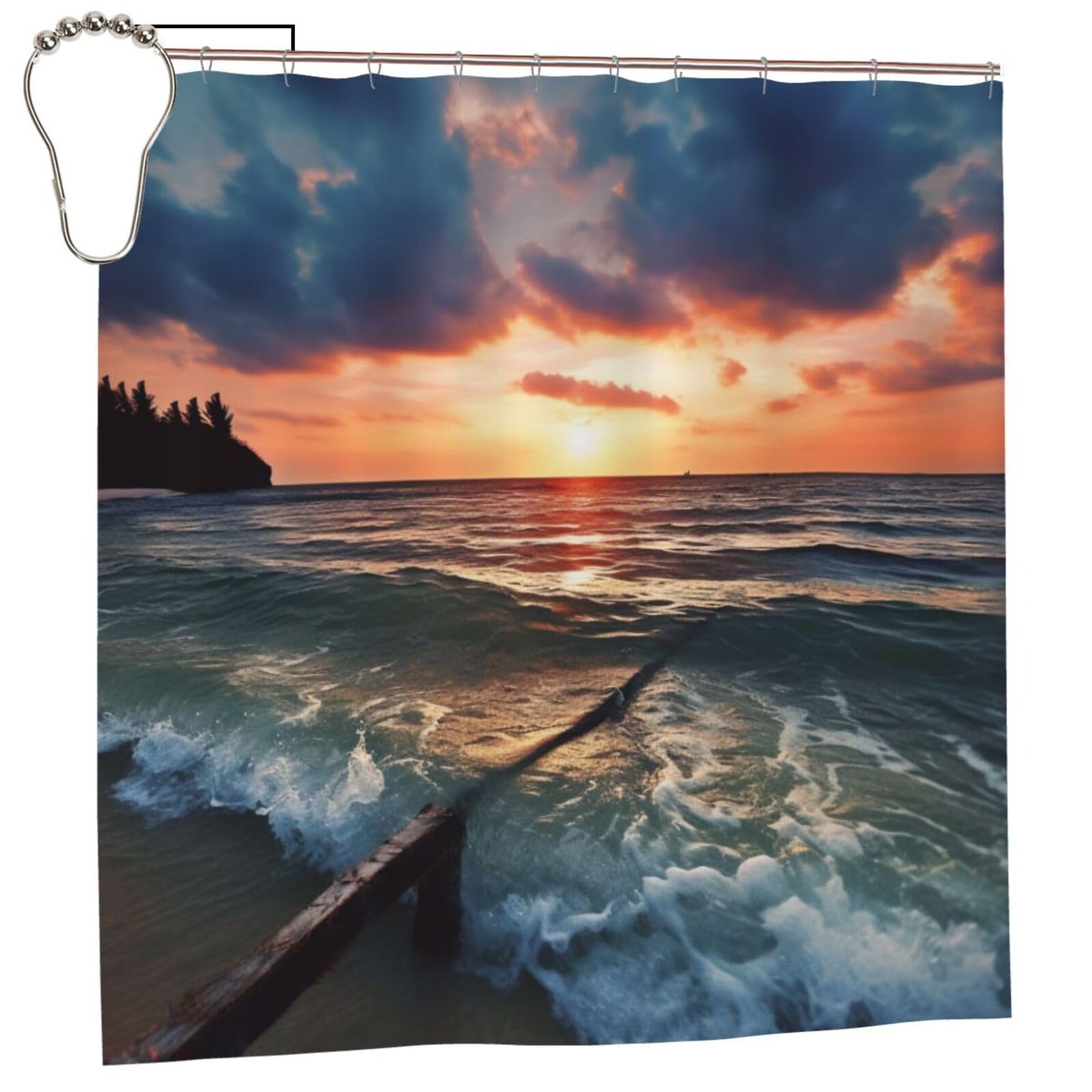 BWWHCCTI Sea at Sunset Printed Shower Curtain With 12 Iron Hooks Opaque Quick Drying Waterproof Shower Curtains Sets For Bathroom 183x183 CM